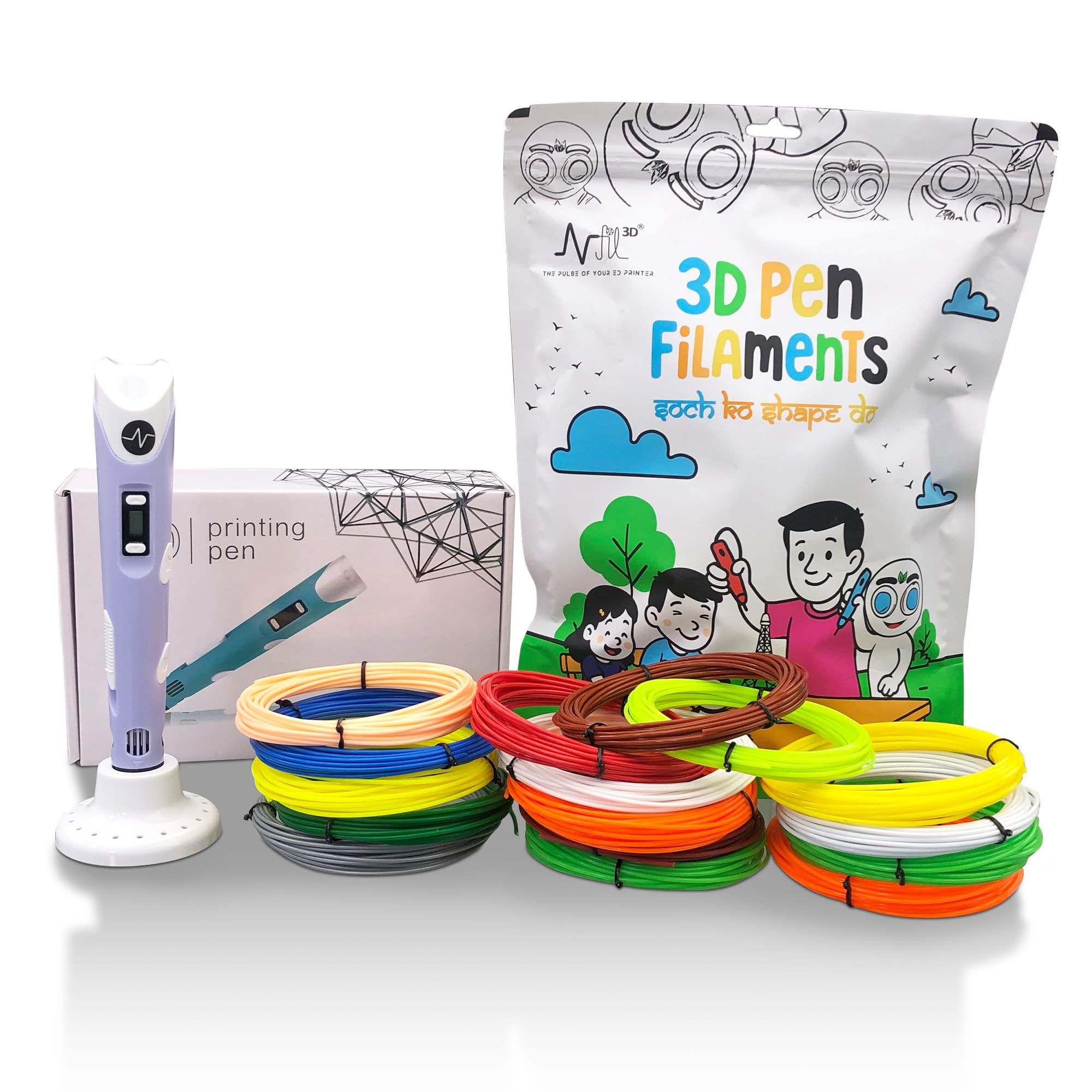 Nfil3d Pen Kit for Kids | 3D Pen Starter Kit – Includes 3Pcs Filament 5Meter Each & 1Pcs Cable, 1Pcs Stand,1Pcs Stencils & 1Pcs Pen with (6Pcs Extra Multicolor Filament 5meter Each in Pouch) (Purple)-image-30