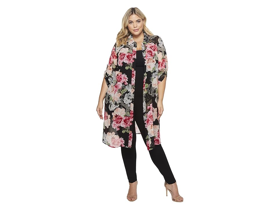 

Calvin Klein Plus Plus Size Roll Sleeve Long Printed Tunic (Black Floral) Women's Clothing