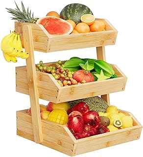 Bamboo 3 Tier Fruit Basket For Counter, Large Capacity Fruit Storage Countertop, Fruit Holder, Wooden Pantry Organizers and Storage, Kitchen Countertop Organizer With 2 Banana Hangers (Bamboo)