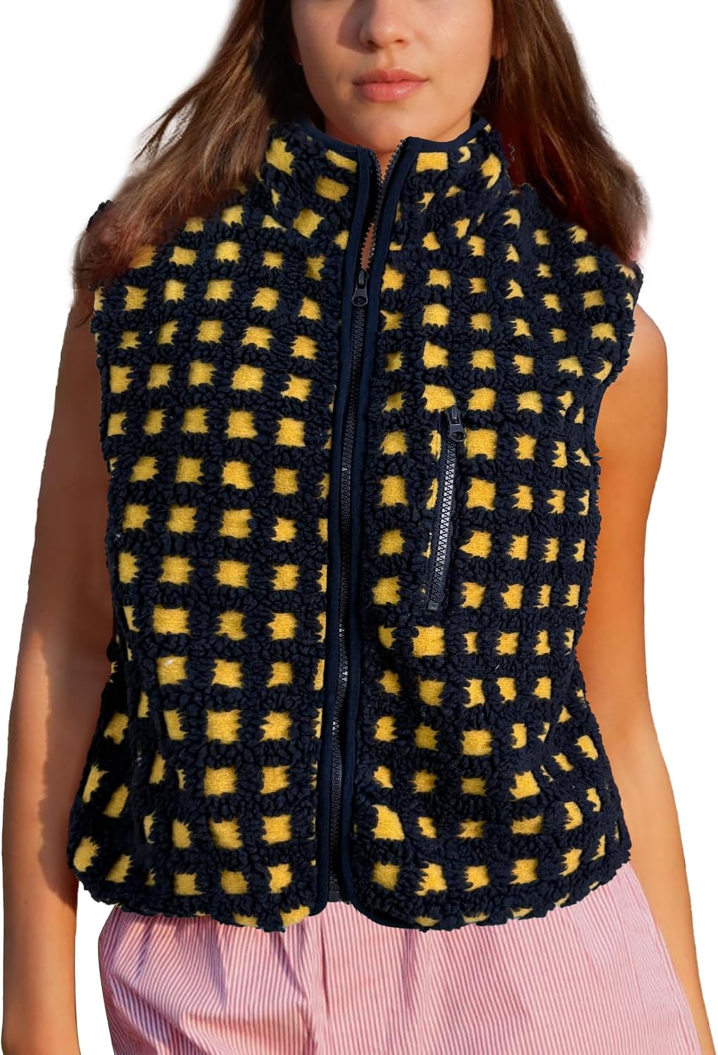 Womens Checkered Sherpa Vest Sleeveless Winter Fleece Jacket High Neck Zip Up Plaid Gilet with Chest Pocket