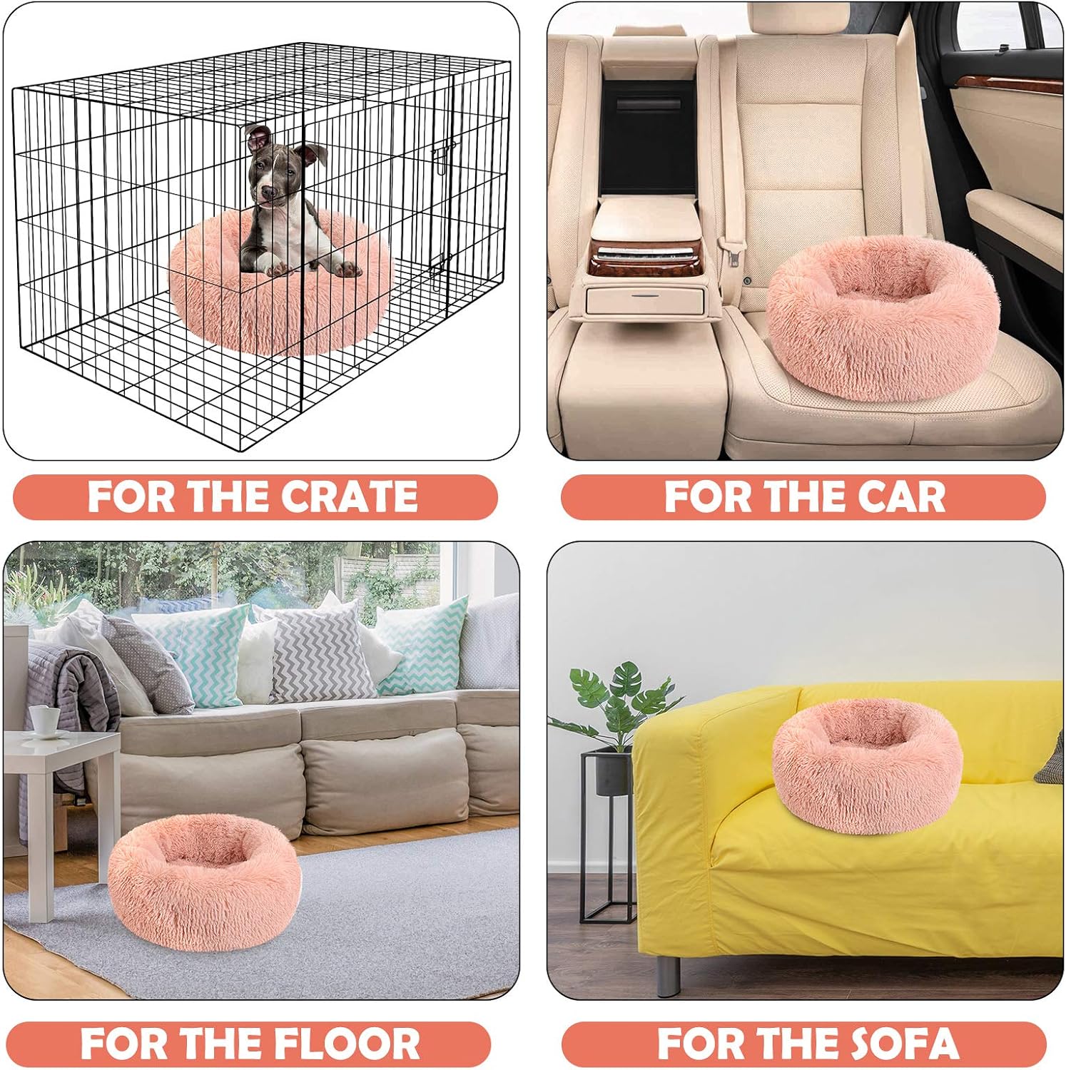Calming Dog Bed,Cozy Soft Round Dog Beds for Medium Large Dogs,Fluffy Plush Cat Beds for Indoor Washable, Warming Donut Pet Beds Big Dog Bed Cushion for Crate Kennel Round-Pink 19.7'