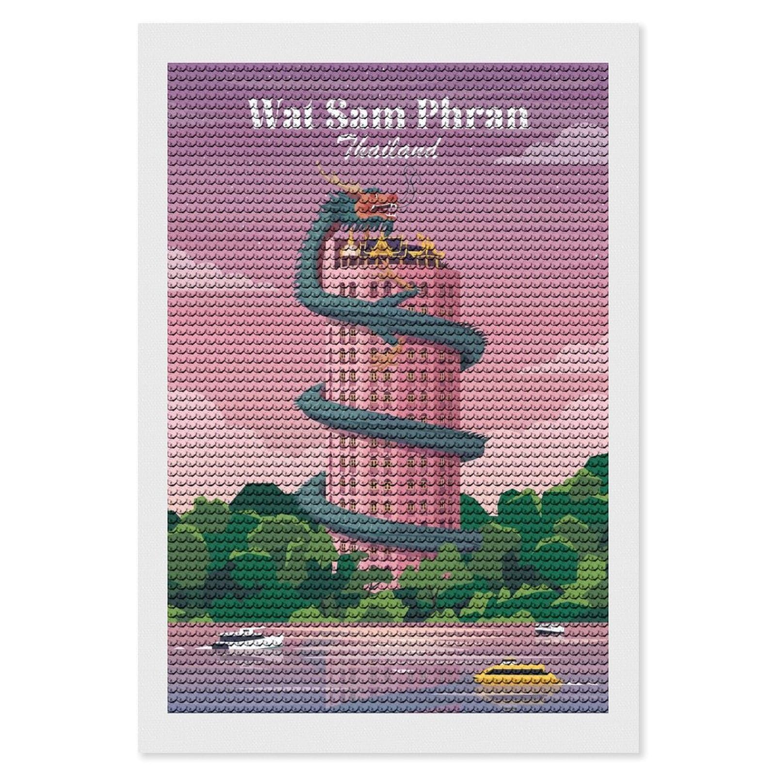 Junmoney Wat Sam Phran Building Thailand Diamond Painting Kit 8"x12", Thoughtful Handmade Gift, for Creative Relaxation, Printed Canvas, Cosy Home Accent