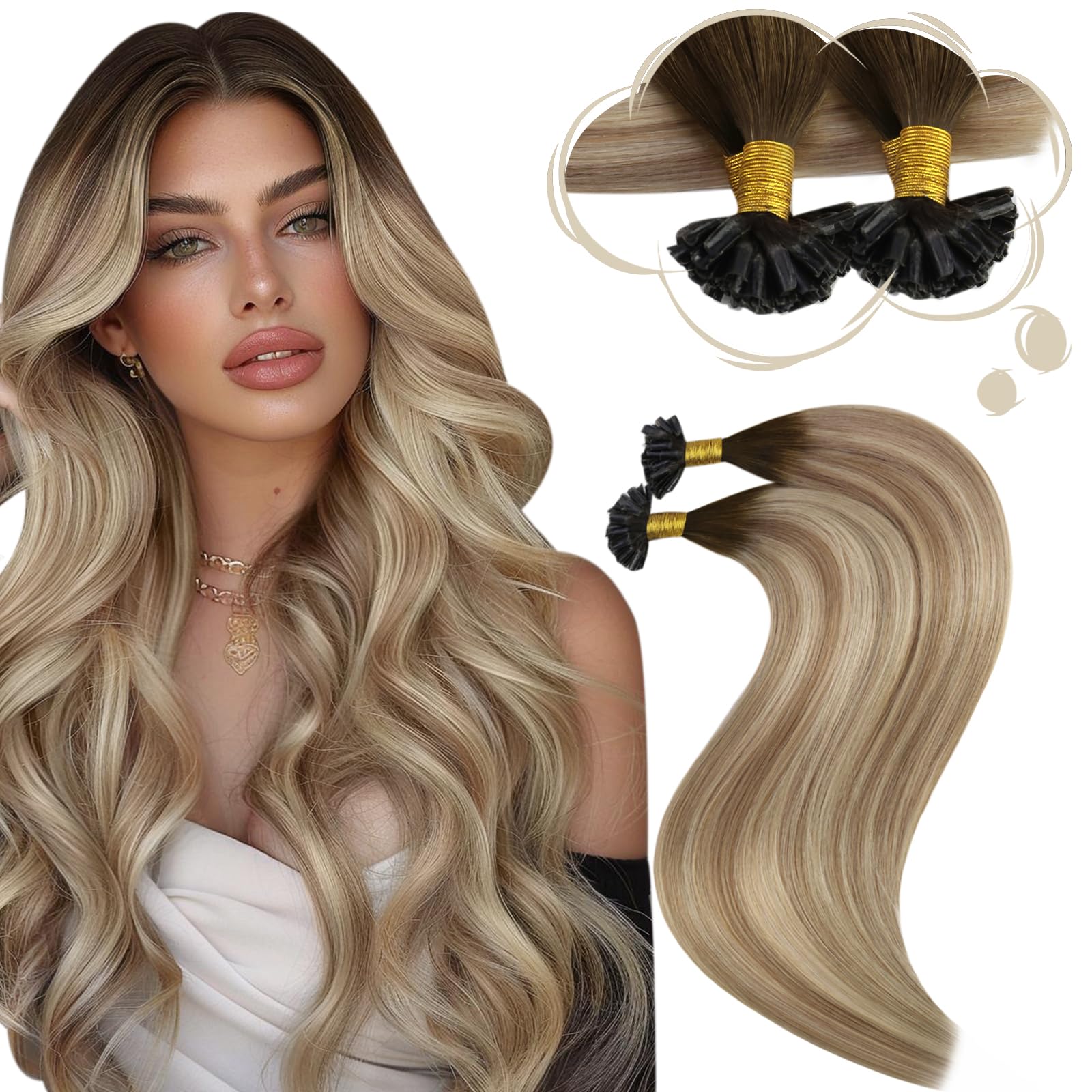 Moresoo Balayage Biondo Extension Cheratina 40cm 1g/1s 50 Ciocche Extension Capelli Veri Cheratina Invisibili Extension con Cheratina da Marrone a Marrone Chiaro con Biondo Medio #3/8/22 50g