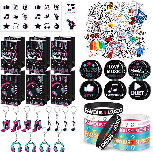 Los recuerdos de fiesta musical incluyen bolsas de regalo de fiesta musical con calcomanías de sellado, pulseras de silicona, llaveros de música,