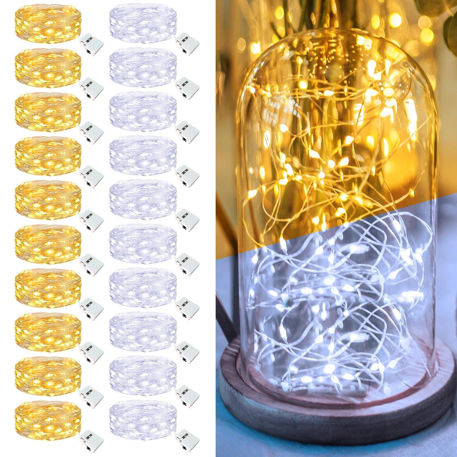 20 Pack Fairy Lights Battery Operated - 7ft 20 Led Twinkle Lights 3 Modes, Bulk Mini String Lights Waterproof for Mason Jars Vases DIY Party Wedding Decoration Christmas - Warm and Cold White
