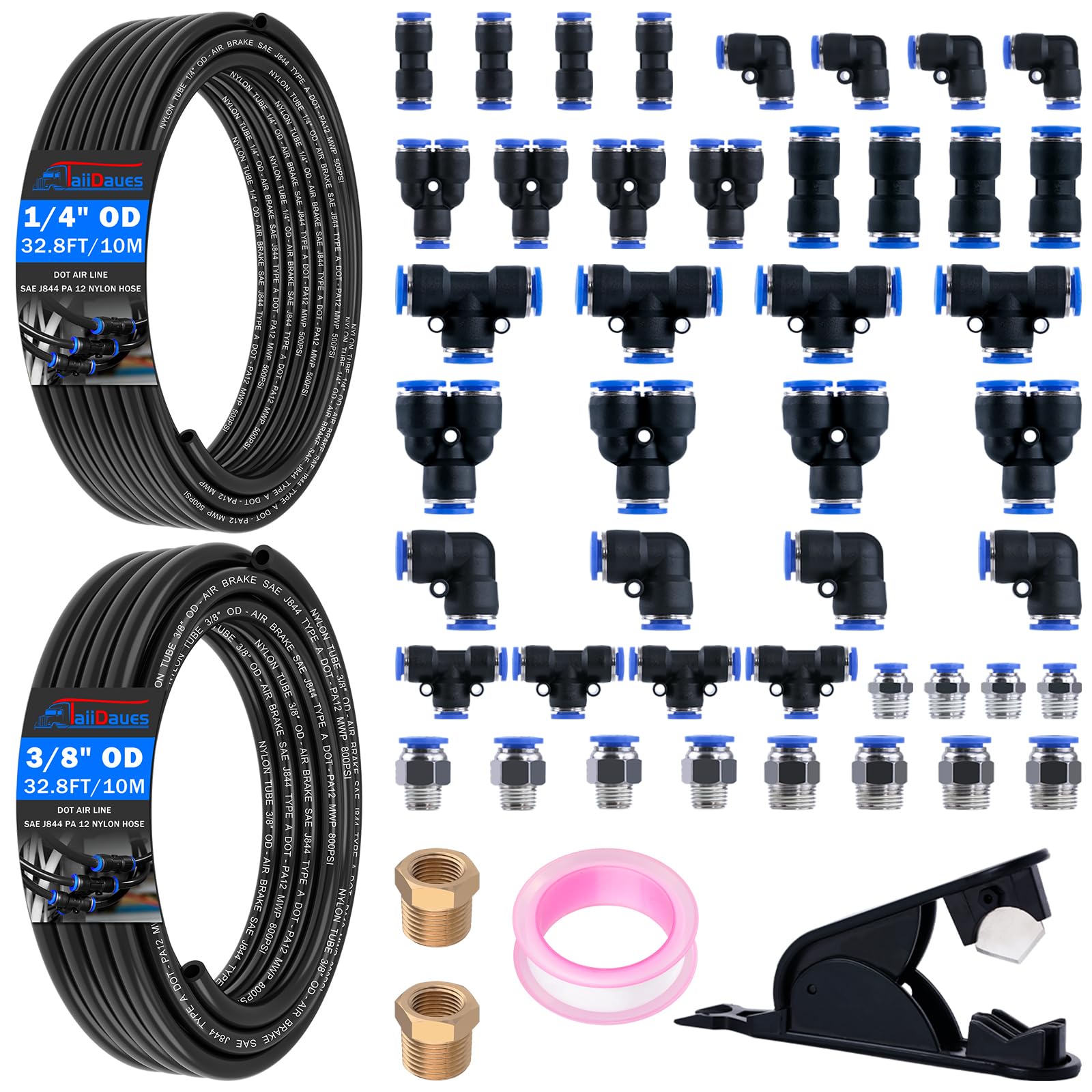 Kit de tubos de línea de aire, accesorios de conexión rápida de línea de aire de 1/4 pulgadas de diámetro exterior x 32.8 pies y 3/8 pulgadas de diámetro exterior x 32.8 pies (10 m) y 3/8