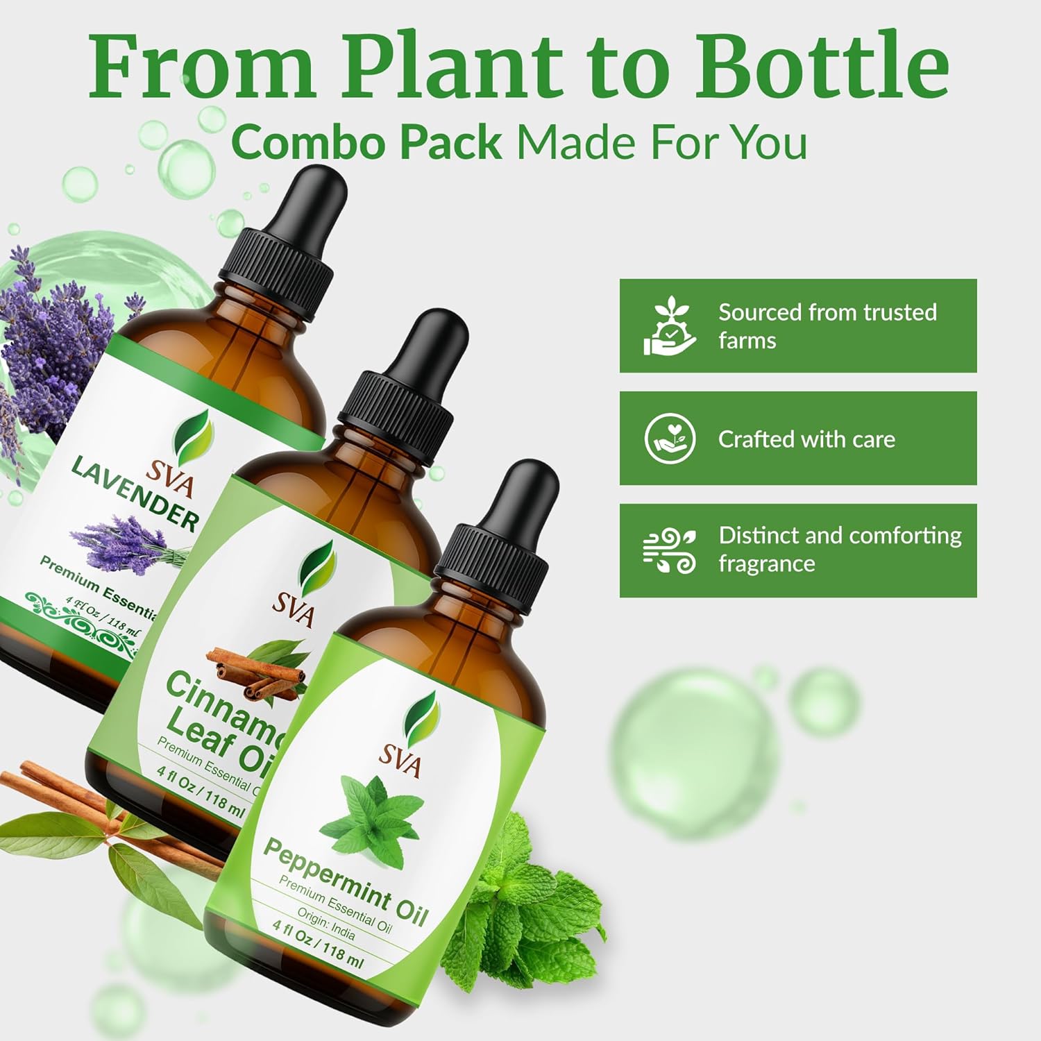 SVA Cinnamon Leaf, Lavender and Peppermint Essential Oil 4oz Bundle Super Saver Combo – Premium Grade Value Set for Aromatherapy, Scalp Massage, Hair Care, Skin & Body