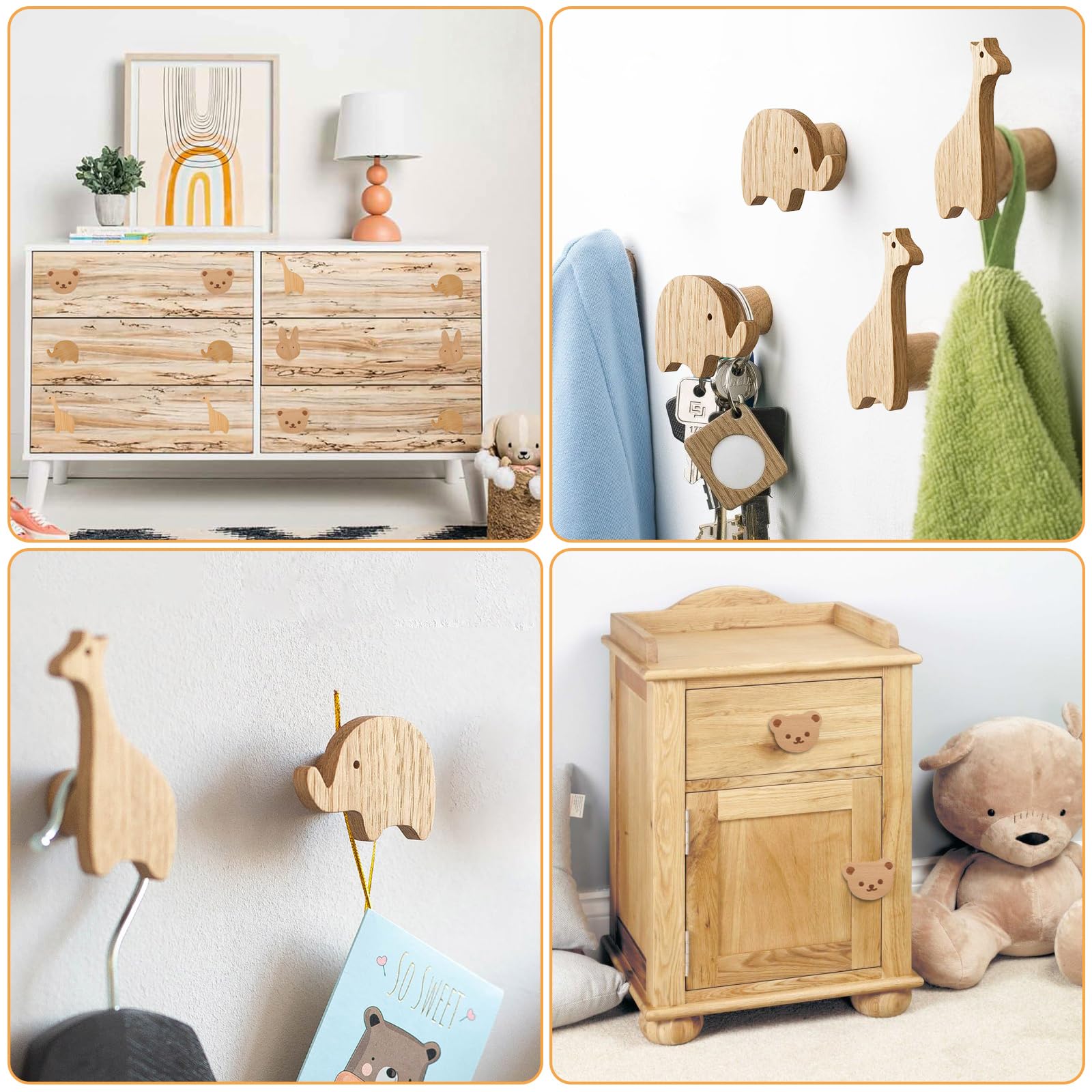 Pomelli per Mobili Bambini, 4 pezzi Pomelli in Legno con motivi animali, Pomelli per Mobili in Legno con Viti, Pomelli per Mobili Bambini Animali, Maniglie Armadio Cameretta, Mobili, Cassetti