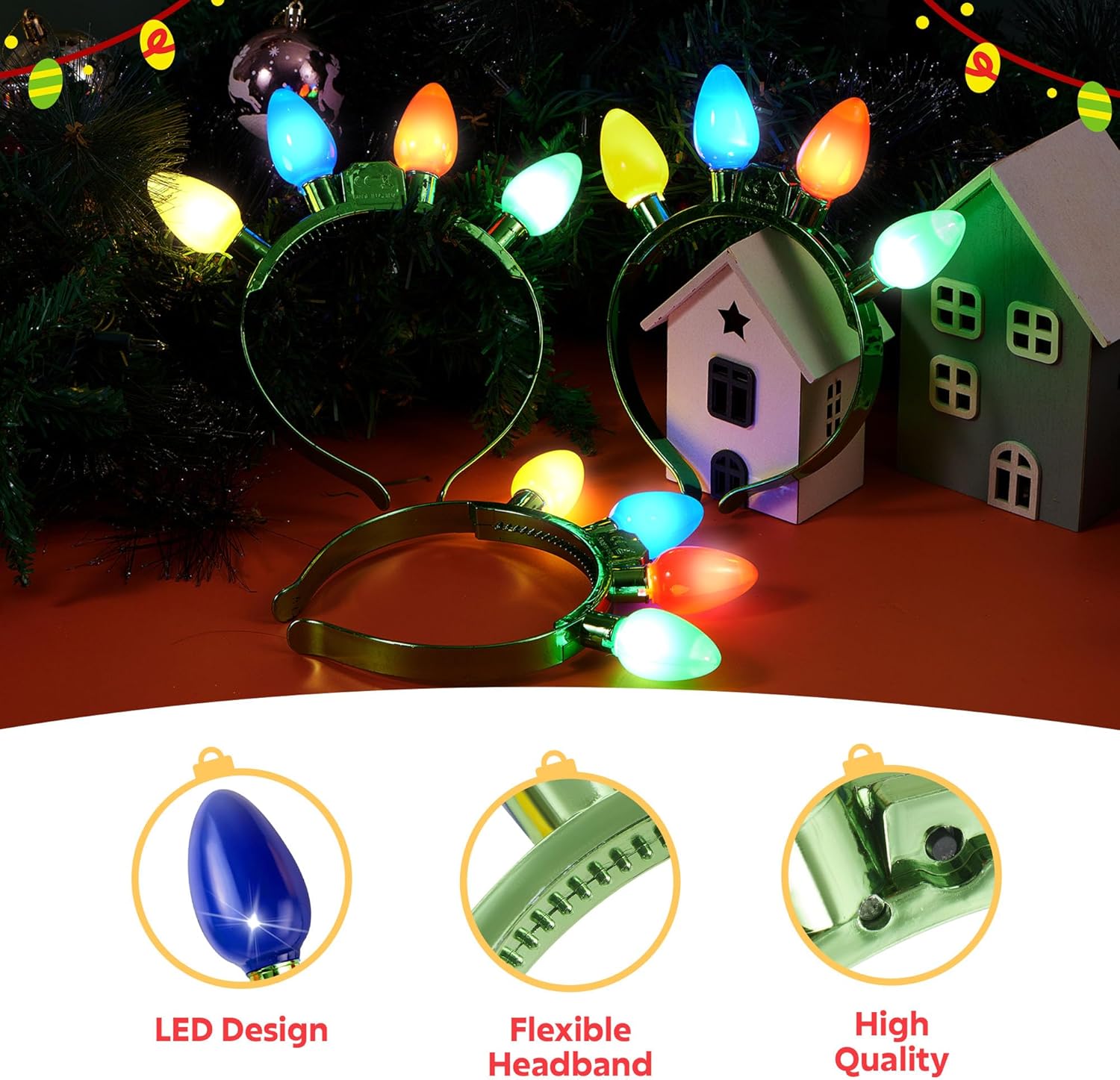 JOYIN Christmas LED Headband Light Up Bulb with 4 Colorful LED Bulbs for Adults Christmas Party Supplies Xmas Accessories
