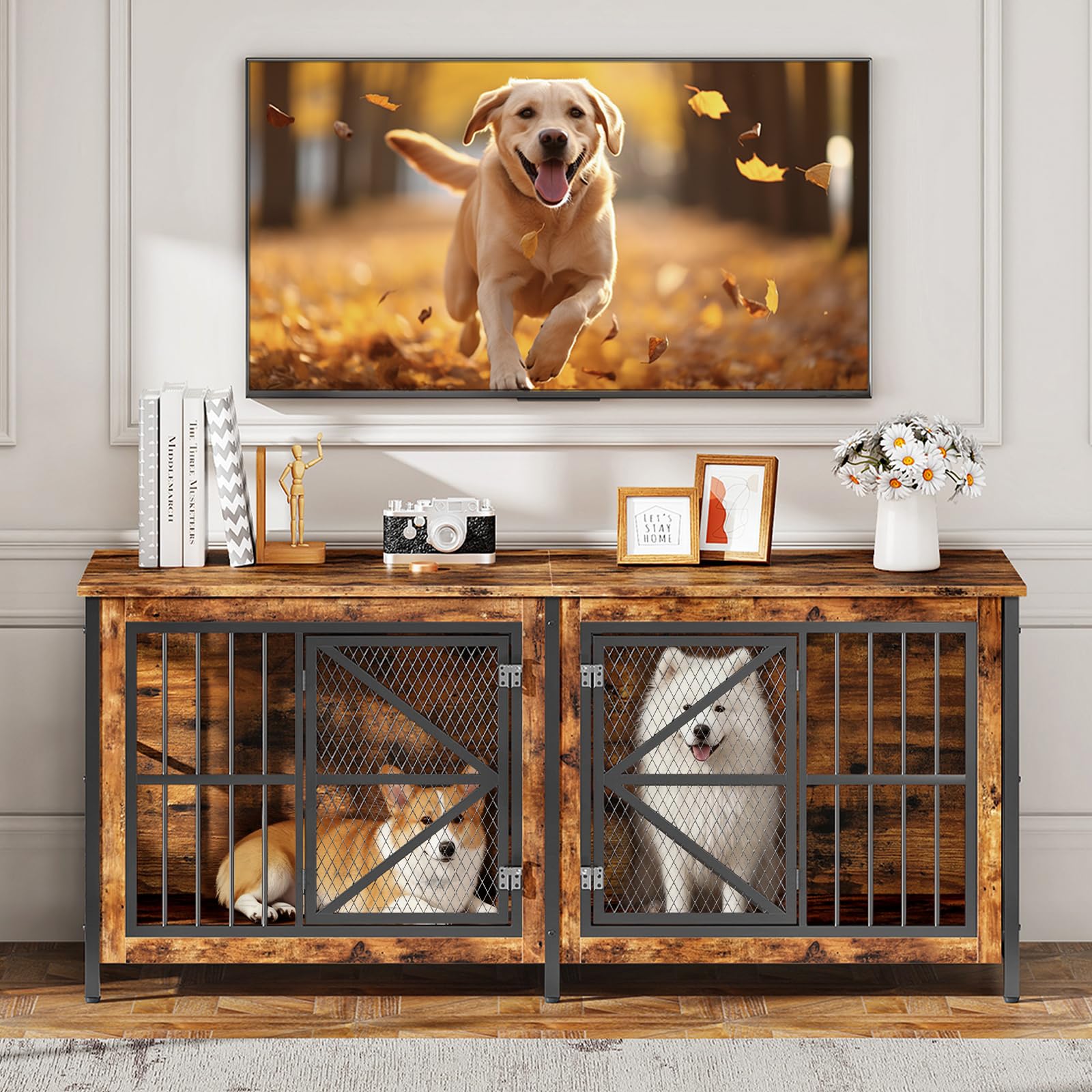 CHOEZON 71 Inch Double Dog Crate Furniture for 2 Dogs, Wooden Dog Crate End Table for Medium/Large Dogs, Dog Kennel Furniture with Divider & Double Metal Doors, Rustic Brown and Black TGW02BF - image 4
