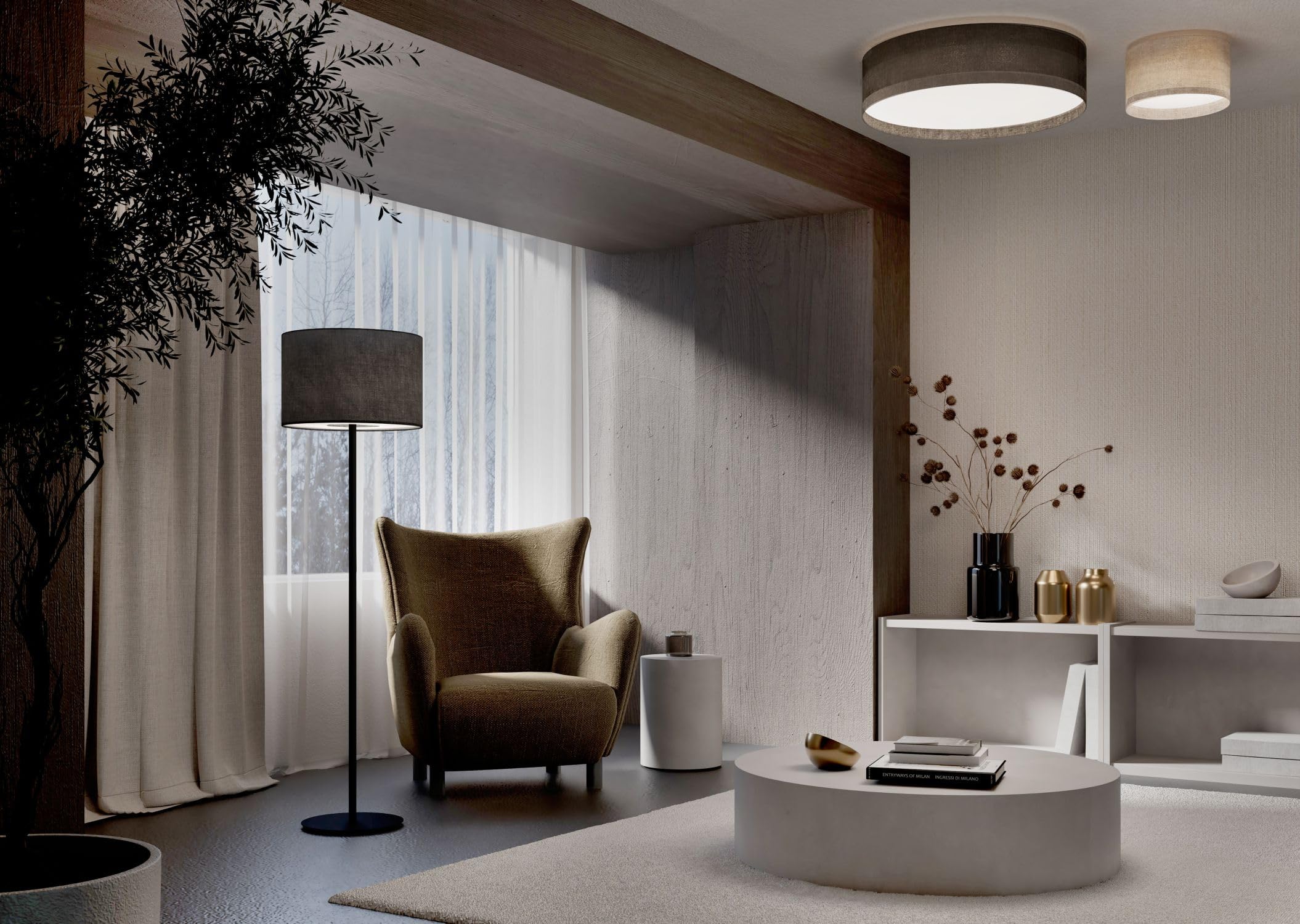 Licht-Erlebnisse Deckenleuchte Beige Stoff Modern Wohnzimmer Esszimmer Schlafzimmer E27 rund blendarm gemütlich B:35 cm Deckenlampe Stoffschirm