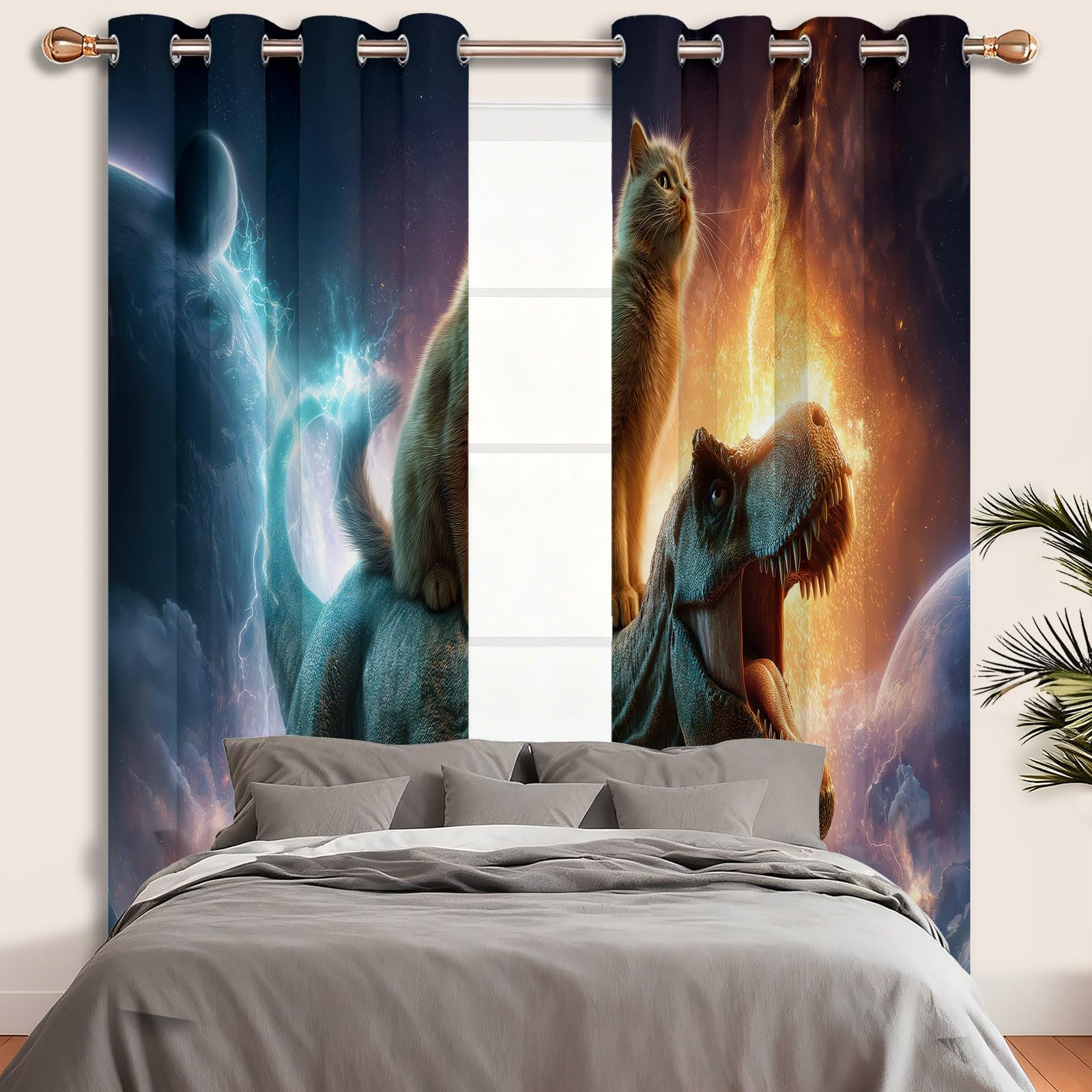 Générique Rideau Occultant Polyester Science-Fiction Rideaux Thermiques à Oeillets, Espace Chat Dinosaure Rideaux Imprimé pour Chambre Cuisine Décoration 140 X 245 cm (LxH) (L x H), Lot de 2
