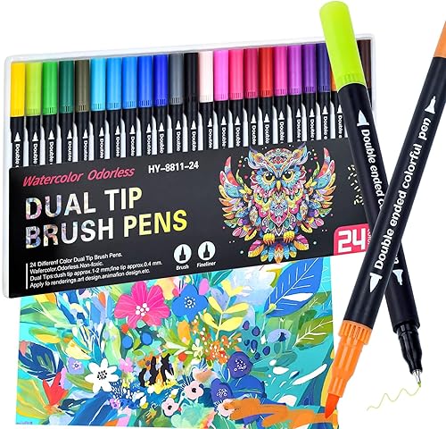 Marcadores para libros de colorear para adultos, sin sangrado, 24 colores de doble rotulador a base de agua, punta doble con punta fina y punta de