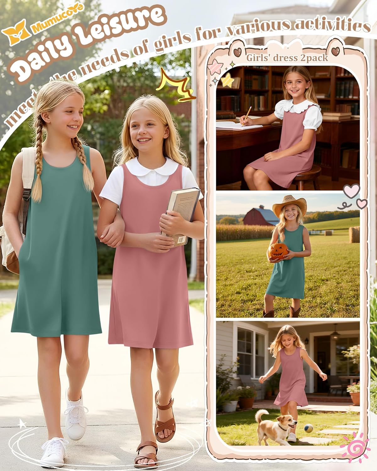 2 Pack Girls' Summer Dresses Sleeveless Tank Dress Kids Casual Loose Crewneck Beach Sundress with Pockets 5-14 Years