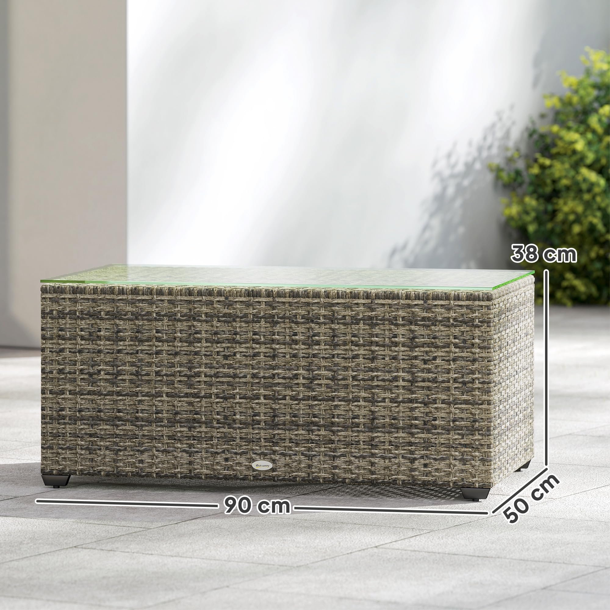 Outsunny Table Basse de Jardin, Table d'appoint en résine tressée Aspect rotin, Plateau en Verre trempé, Cadre en Acier, 90 x 50 x 38 cm, Gris foncé