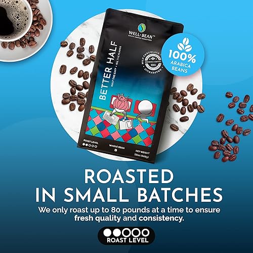 Miniatura 3 de Well-Bean Café - Better Half Whole Bean Coffee, mezcla de café HALF CAFF, tostado ligero, procesado con agua suiza, 12 onzas
