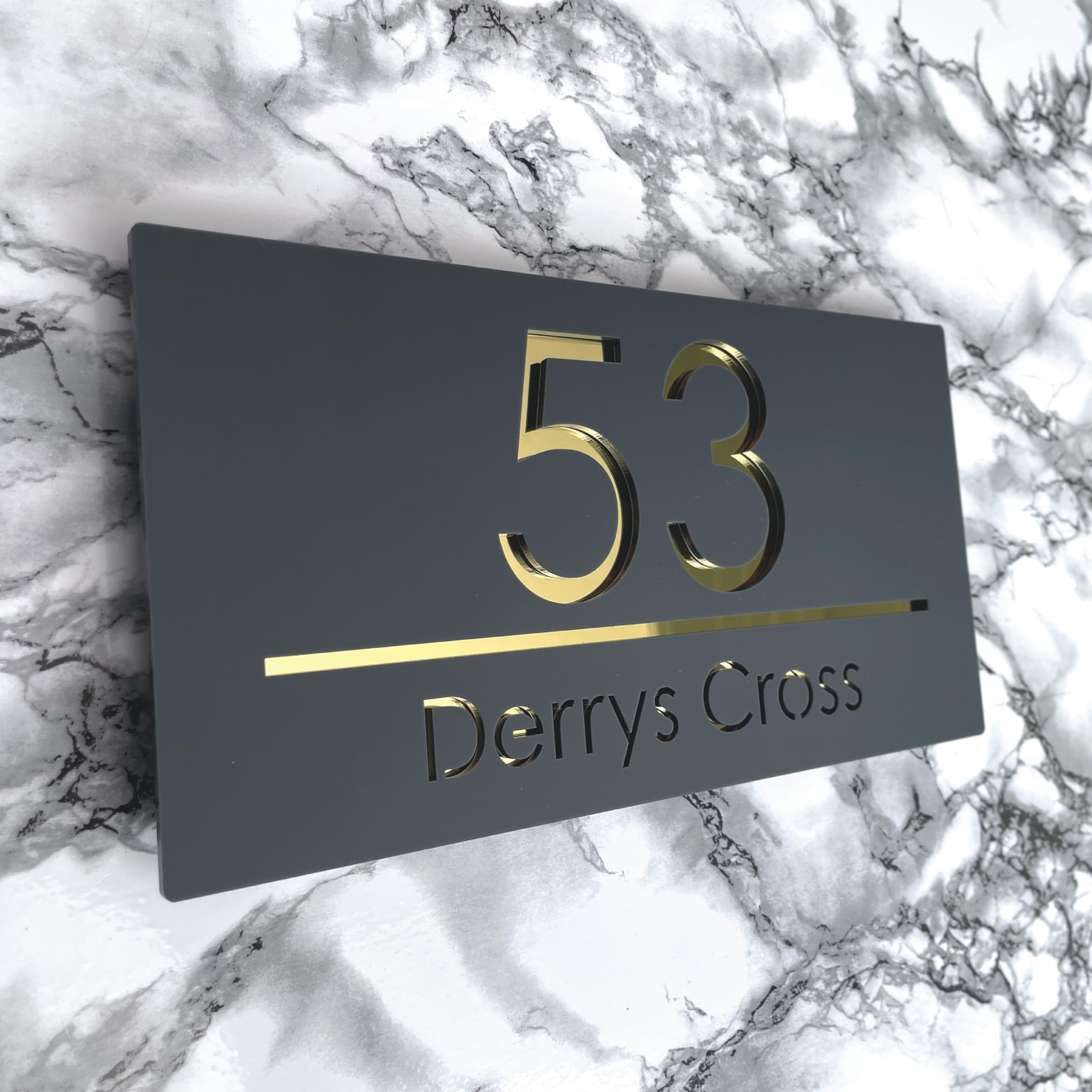 House Numbers Plaques Modern Door Plaques For Wall Address House Number Plates for Outside Personalised Laser Cut Front Door Number Acrylic Door Sign (Matt Grey & Gold Text)