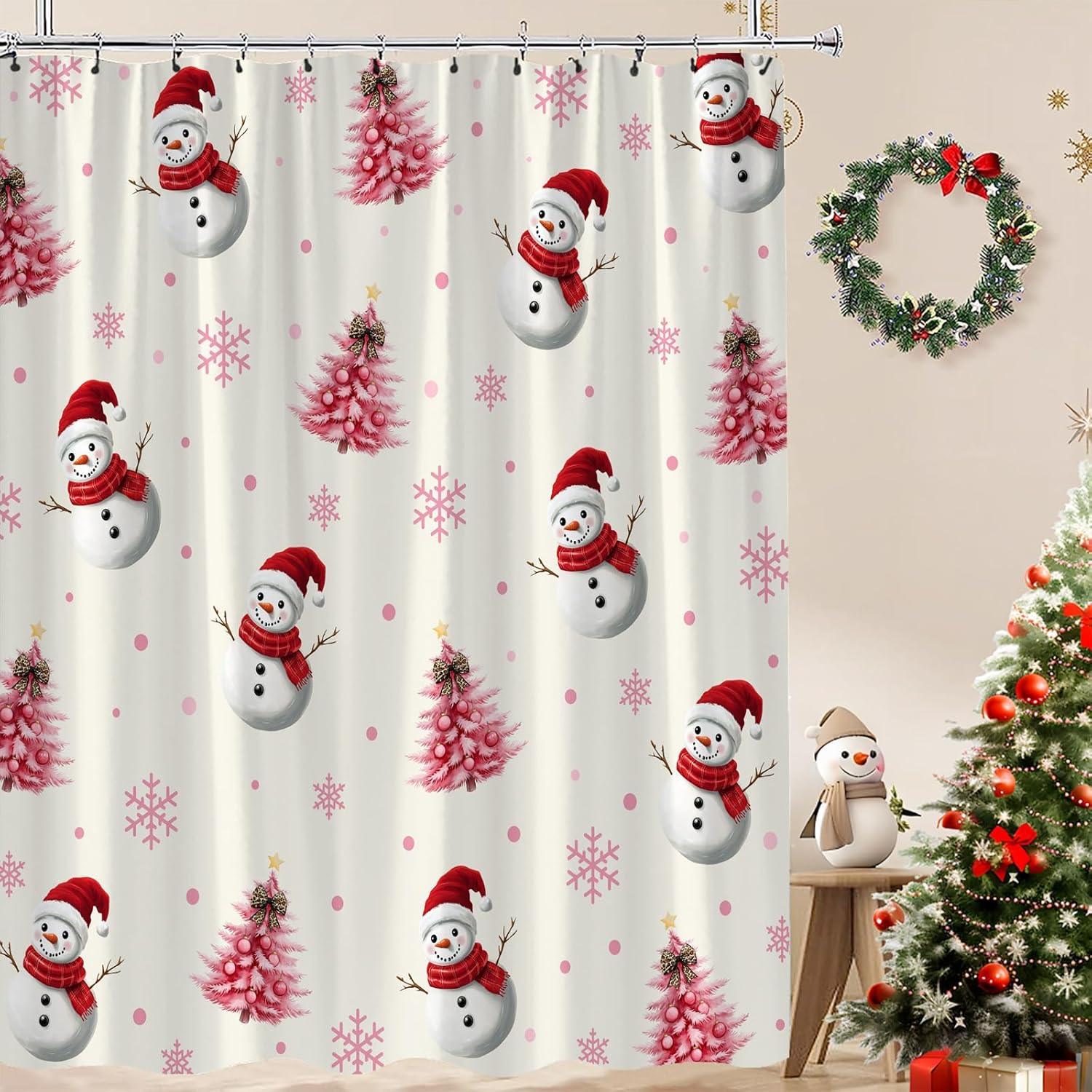Christmas Snowman Shower Curtain Pink Xmas Pine Trees Snowflake Winter Holiday New Year Cute Cartoon Pink Polyester Fabric Bath Curtain 70 x 83 Inch