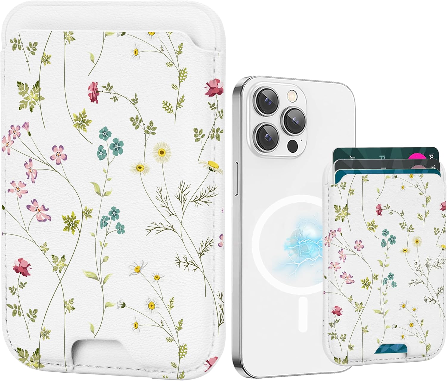 for Magsafe Wallet, Magnetic Wallet Card Holder for iPhone 17/Air/16/16e/15/14/13/12 Pro/Max/Plus/Mini Case, Strong Magnet Phone Pocket Cute Design Credit Card Fit 3 Cards(Green Flowers)