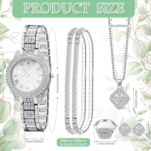 Miniatura 2 de Juego de 7 piezas de reloj y pulsera de lujo para mujer, elegante joyería de diamantes de imitación, reloj de cuarzo y pulsera para mujer, anillo de