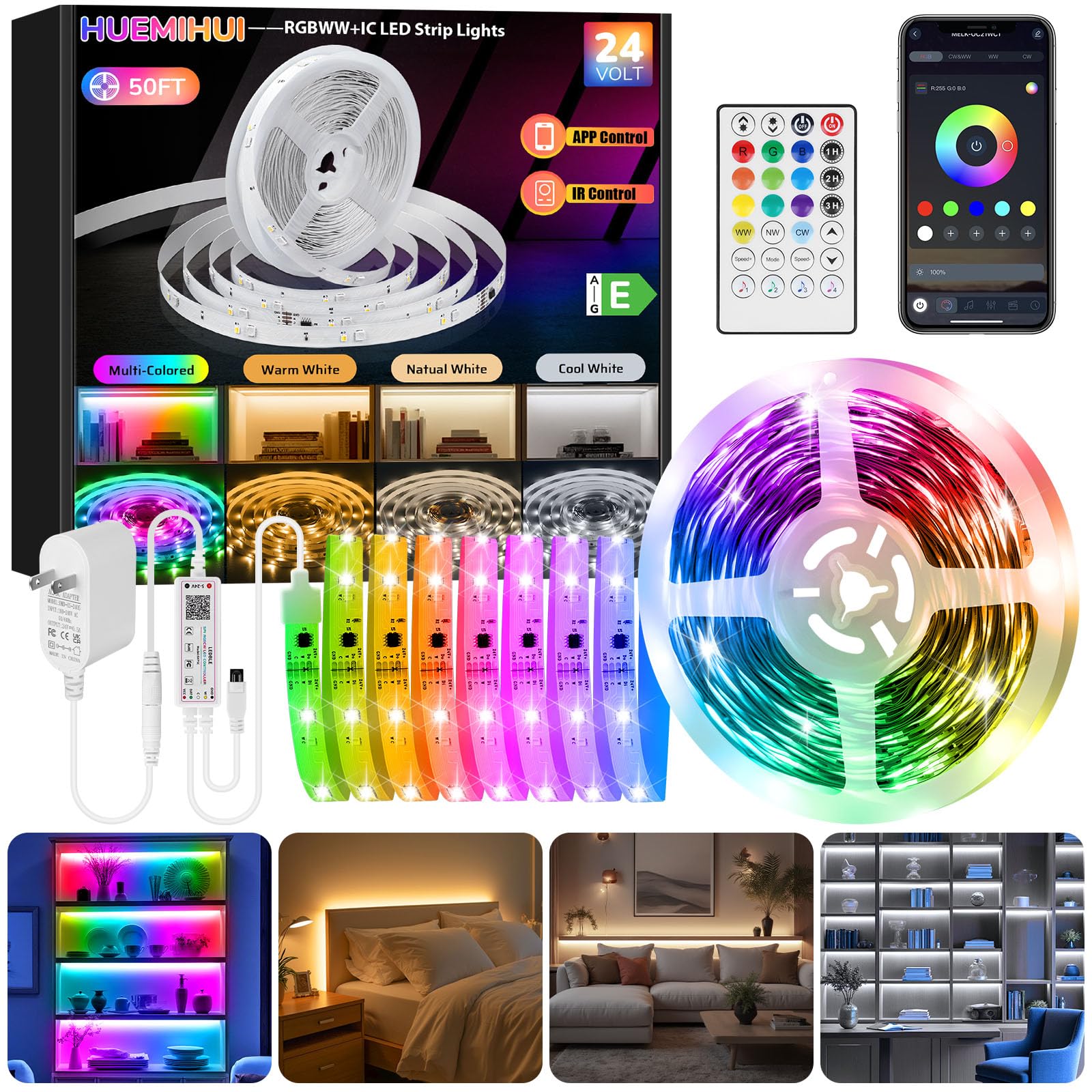 RGBWW+IC LED Strip Lights 50Ft, Dimmable Multi-Colored+3000K-6500K LED Lights with Remote and APP, Flexible Self-adhesive Color Changing LED Tape