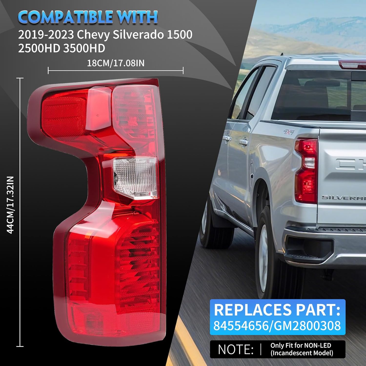 Driver Side Tail Light Assembly Compatible With Chevy Silverado 1500 2500HD 3500HD for 2019-2024, Halogen Type Left Rear Brake Lamp, with Bulb Harness