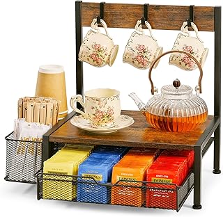 Tea Bag Organizer, Wood Tea Organizer and Storage Cheast, Tea Bag Holder with Storage Drawer, 4 Hooks for Tea Cups Holder, Tea Station Chest Display Container Box for Countertop Kitchen, Brown