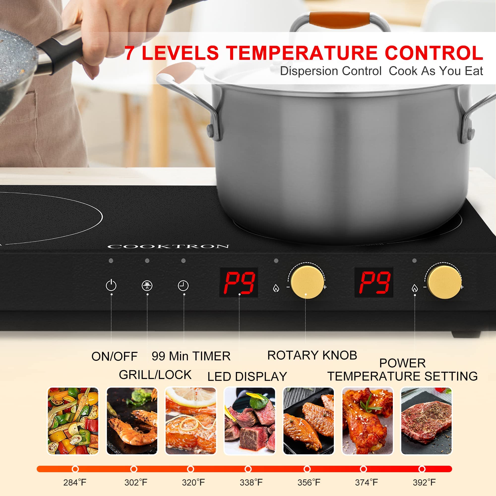 COOKTRON Portable Induktionskochfeld 2 Brenner 2800W Doppelinduktionskochfeld mit abnehmbarem Eisen Guss Grillpfanne Antihaft Kindersicherung