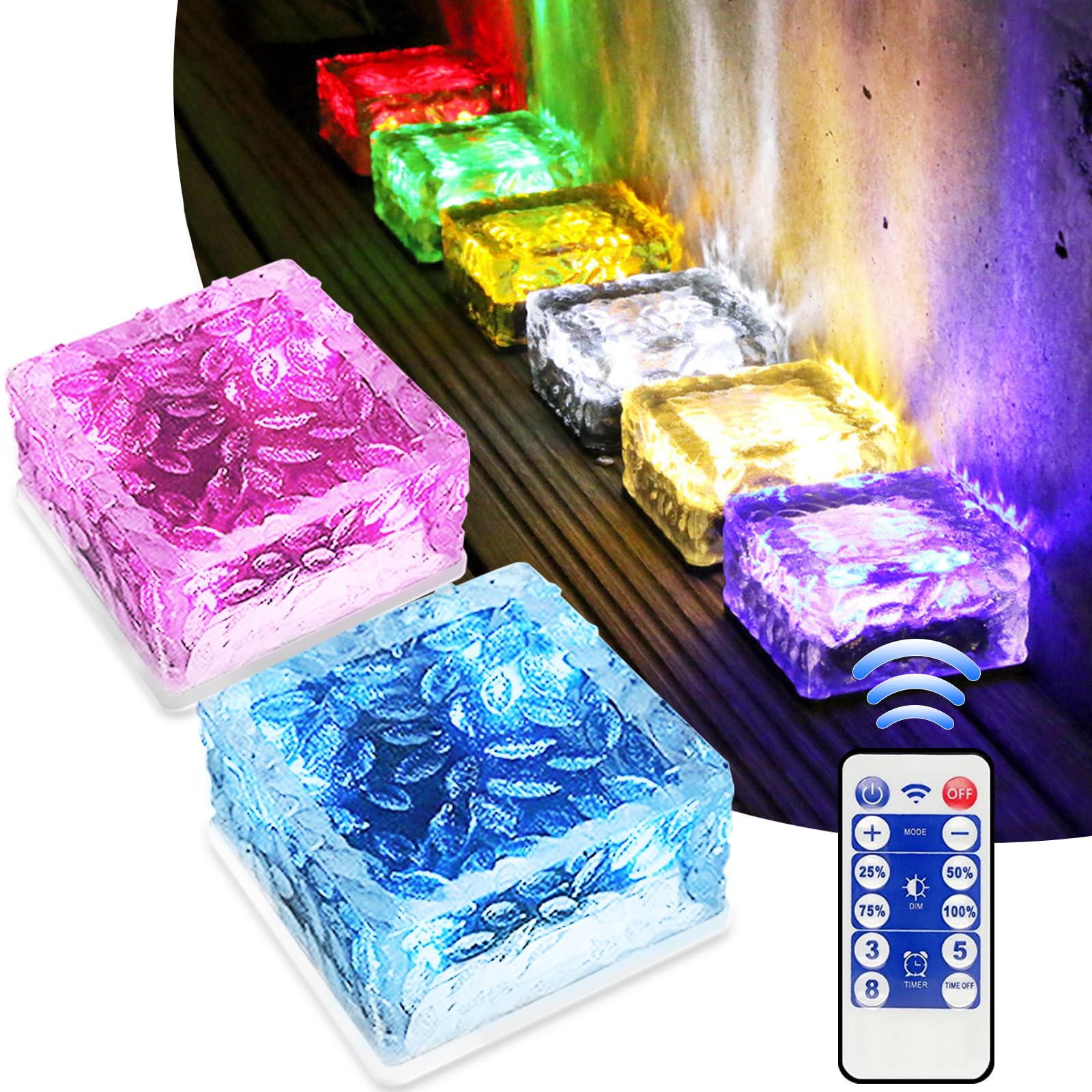 MEDOYOH 2er-Set Bunt Licht Solar Pflastersteine mit 12 Tasten Fernbedienung, 10x10x5CM On/Off Lichtsensor Wegbeleuchtung Wasserdicht Bodenstrahler Solar für Patio Garten Hof Weg Terrasse