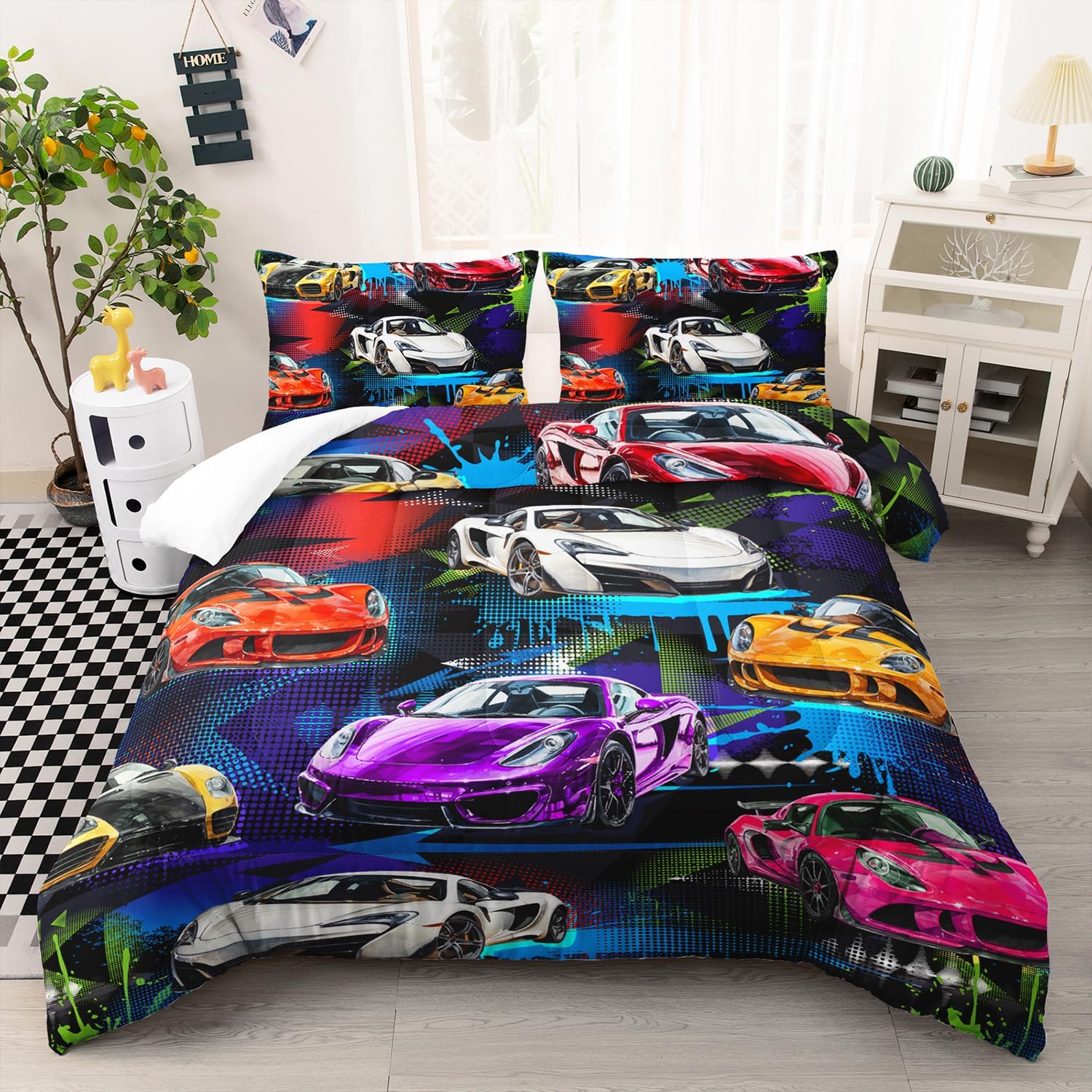 AILONEN Racing Car Comforter Set for Kids Boys Teens Queen Size, Extreme Sports Bed in a Bag,Cool Speed Race Bedding Sets,Colorful Car Theme Duvet Set,1 Quilt and 2 Pillowcases,3 Pieces