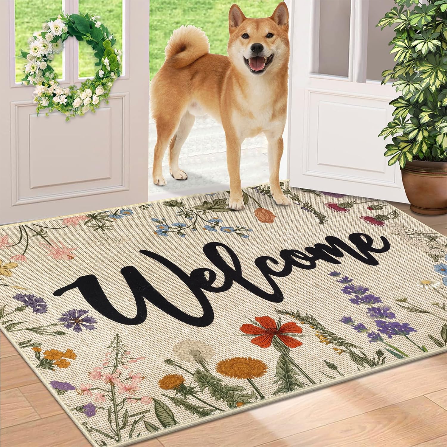 Vaukki Door Mat for Entryway, Non Slip Mud Trapper Entryway Rug, Low-Profile Inside Floor Mat, Absorbent Resist Dirt Welcome Door Rug, Spring Soft Washable Carpet for Entrance (Welcome, 32''x48'')