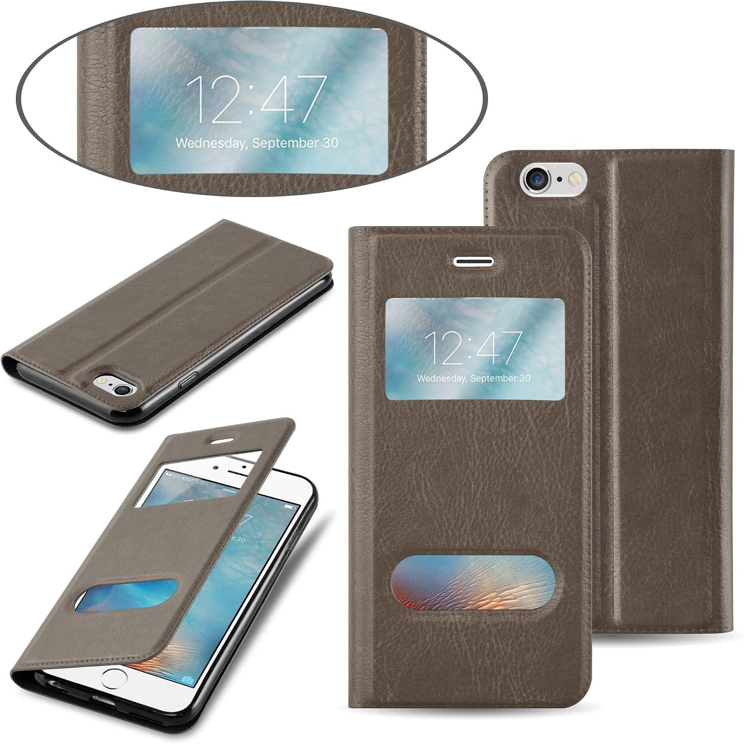 Cadorabo Book Case Compatible with Apple iPhone 6 / iPhone 6S in Stone Brown - with Magnetic Closure, 2 Viewing Windows and Stand Function - Wallet Etui Cover Pouch PU Leather Flip