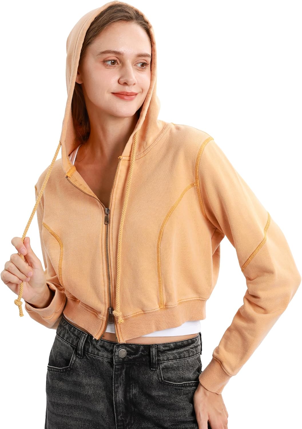 Xintianji Women Vintage Retro Crop Hoodie - Lightweight Long Sleeve Zip Up Pullover Sweatshirts