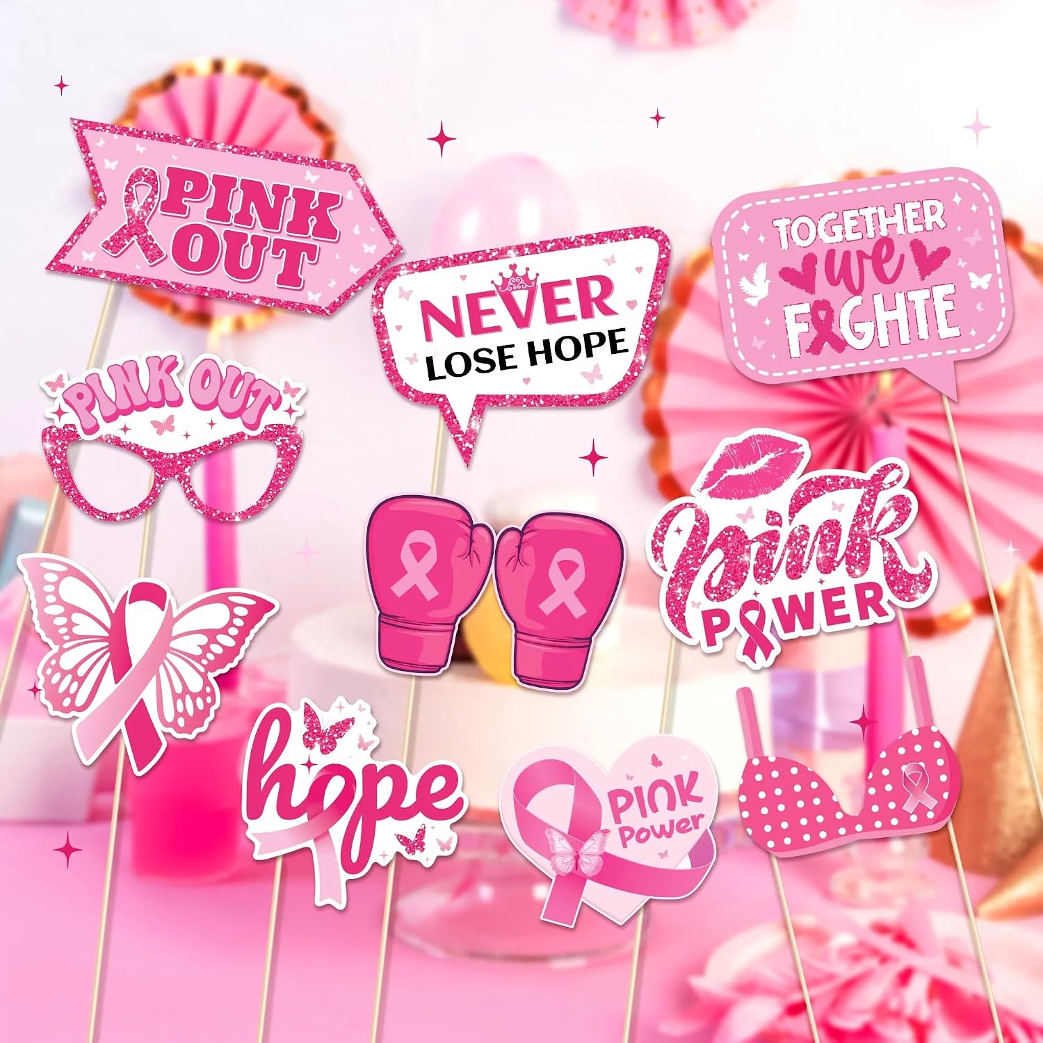 25Pcs Breast Cancer Awareness Photo Booth Props with Stick, Fight Breast Cancer Theme Selfie Props, Pink Ribbon Party Supplies, Photography Backdrop Decorations