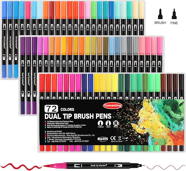 Funnasting Dual Tip Brush Pens, 72-Colors Brush Fineliner Pens Colouring Pens Brush Tip Art Markers for Adults Colouring , Sketching, Painting