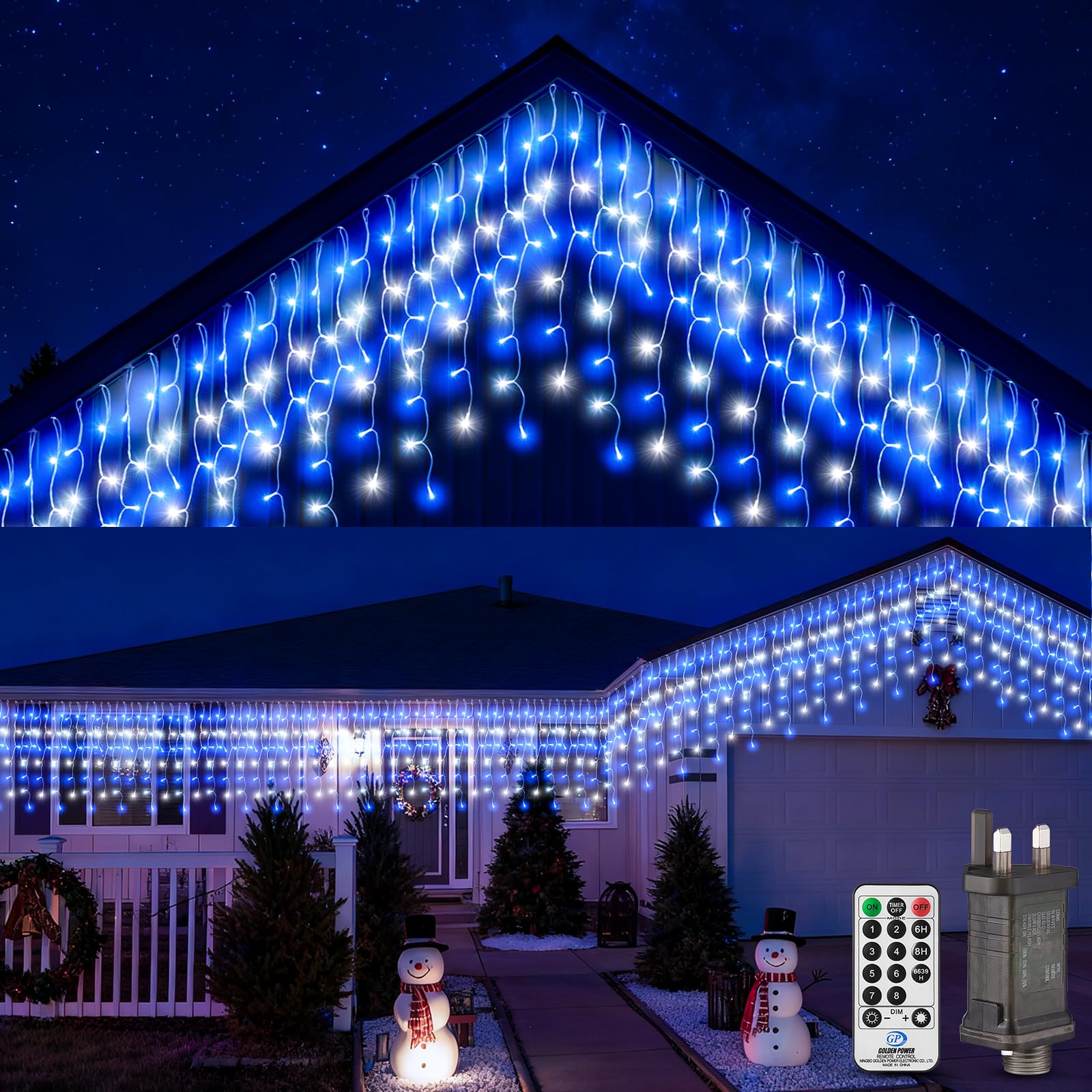 UIONVO Icicle Christmas Lights Outdoor Decorations - 10M Blue and White Icicle Lights Waterproof Mains Powered Light Outside Christmas Light for House Roof Indoor Window