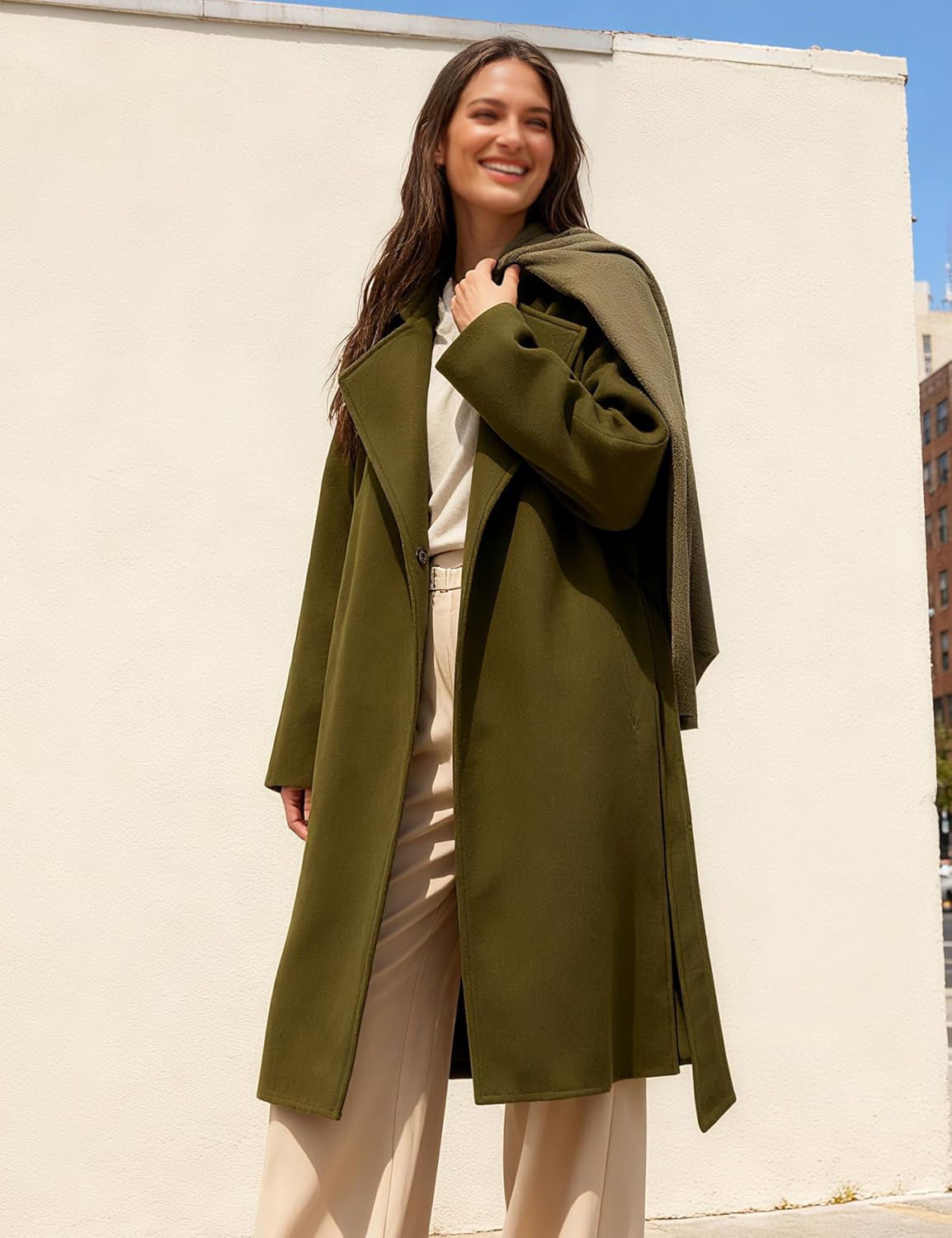 Belted Coat for Women Winter Classic Loose Open Front Notch Lapel Trench Peacoat Long Outwear with Pockets - Image 6