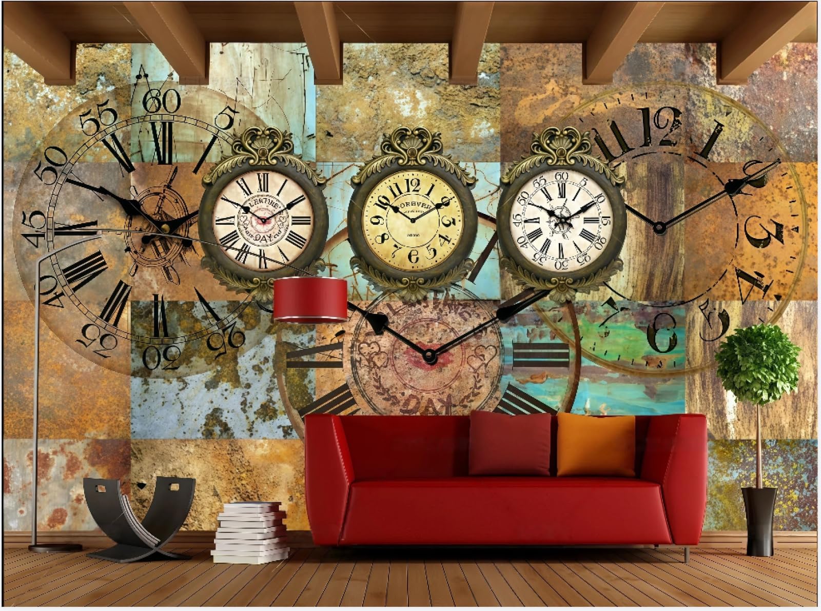 Rskjdghshd 3D Wallpaper Retro Nostalgic Rust Wall Three-Dimensional Clock Bar Dining Background Wall Western Restaurant Wallpaper Drink Cafe Mural,,300X210cm