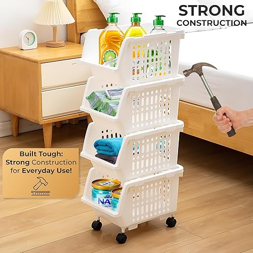 Miniatura 10 de Skywin Contenedores de almacenamiento apilables de plástico transparentes, paquete de 4 cubos de almacenamiento grandes con frente abierto para