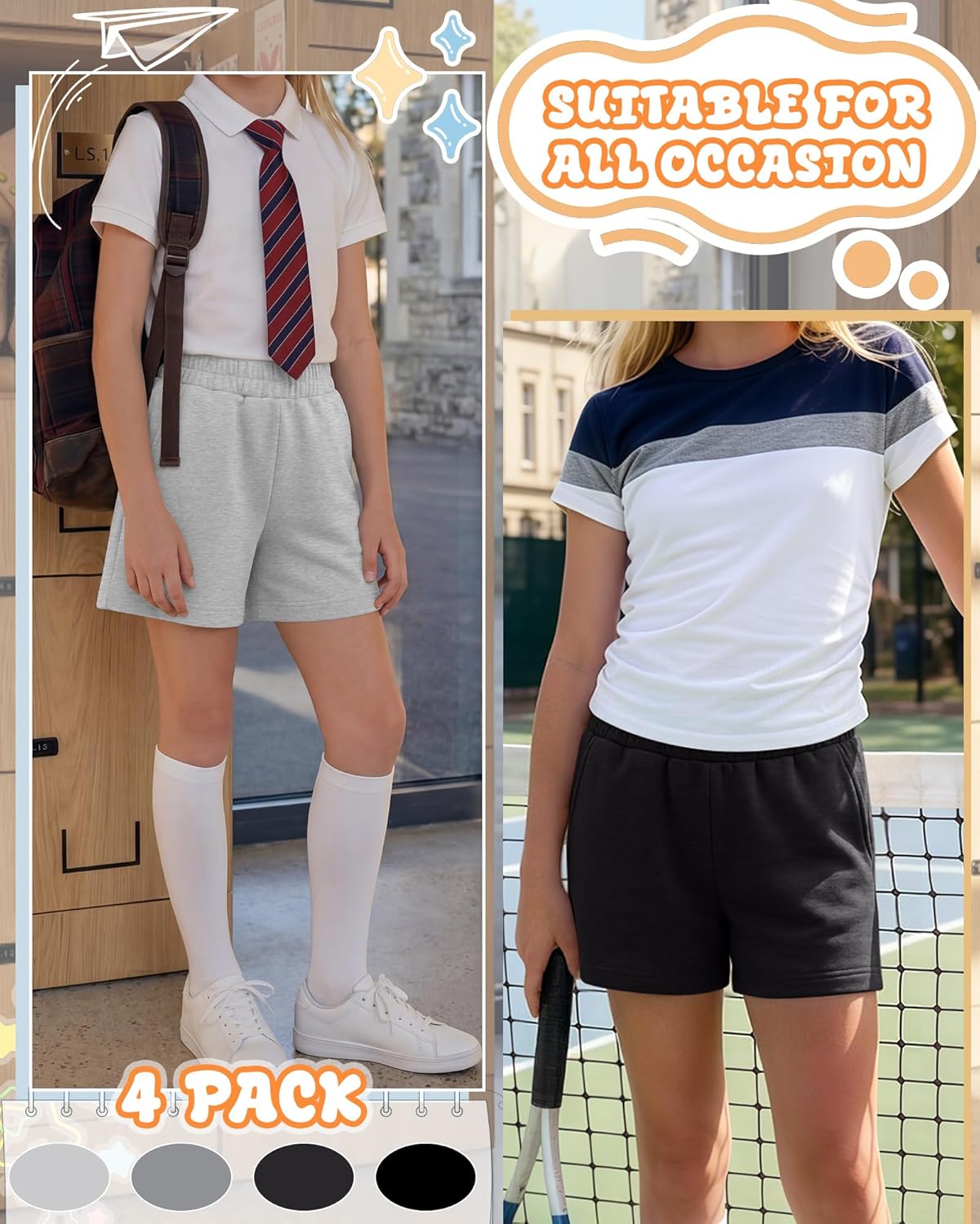 4 Pack Girl's Shorts Teen Athletic Shorts Elastic Waist Kids Summer Casual SweatShorts with Pockets 5-14 Year