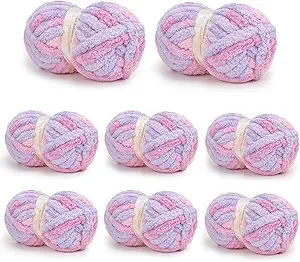Chunky Yarn for Hand Knitting, Chunky Chenille Blanket Yarn for Crocheting, Bulky Soft Fluffy Chenille for Blanket Project, 8 Pack of 8oz/25yds, Pink&Purple