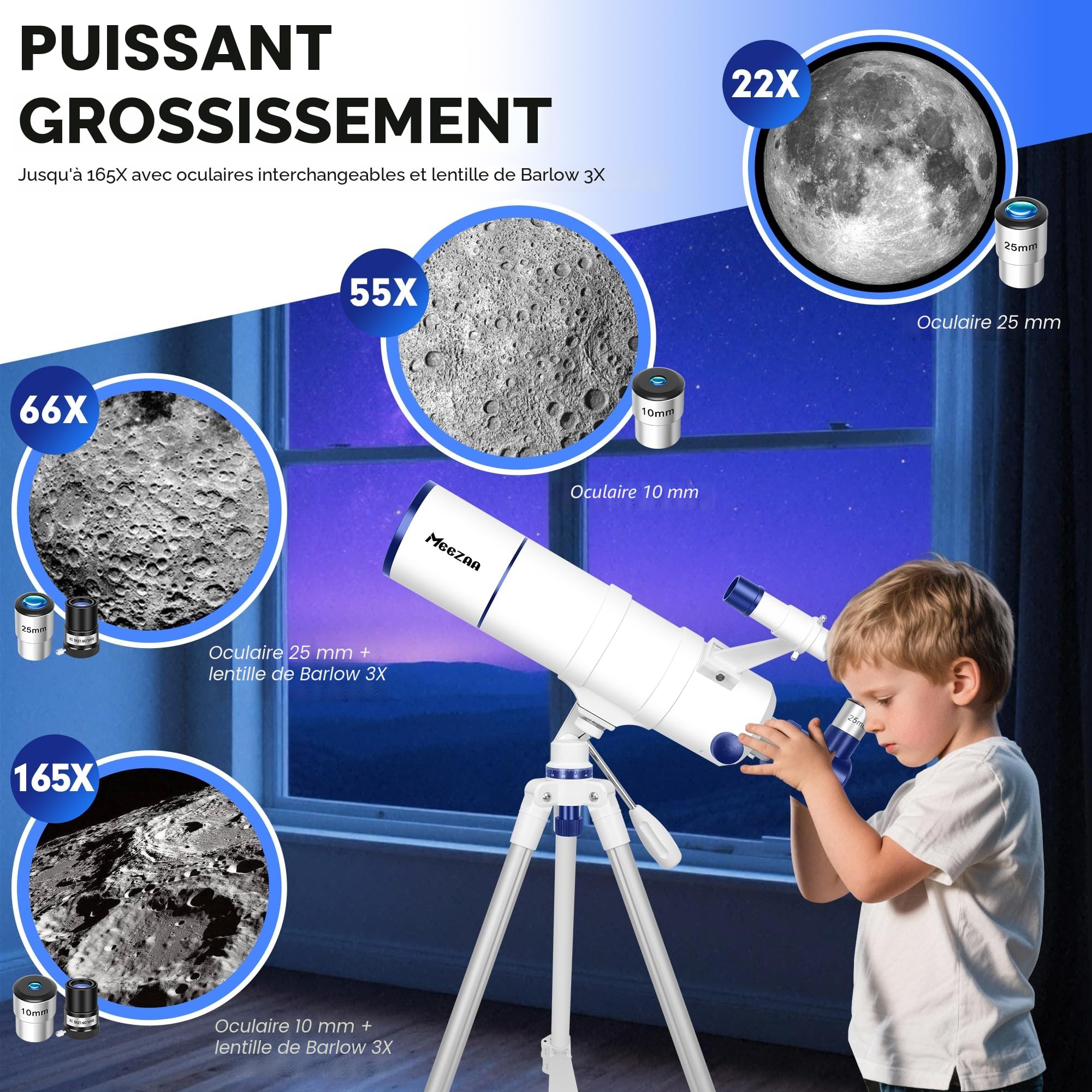 MEEZAA Télescope, Télescope Astronomie Professionnel pour Adultes, 90mm Ouverture 550mm Télescope Réfracteur Astronomique pour Enfants et Débutants, Télescope de Voyage Portable avec Trépied, Filtre