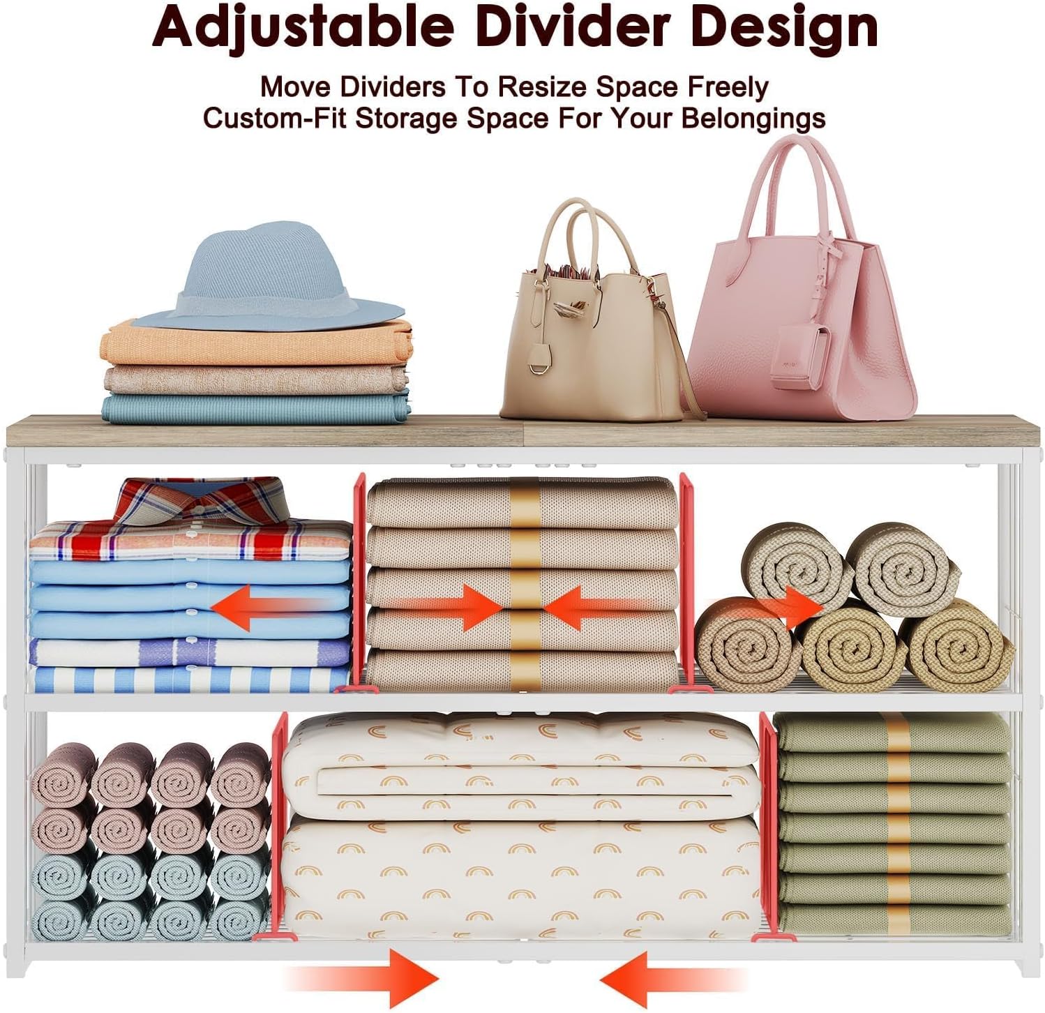 Wood‑Top Closet Clothes Organizers and Storage Shelf with Adjustable Dividers, Stackeble Closet Organizer with Large Capacity For Bedroom,Multi‑Purpose Closet Shelf for Clothes, Handbags, Shoes