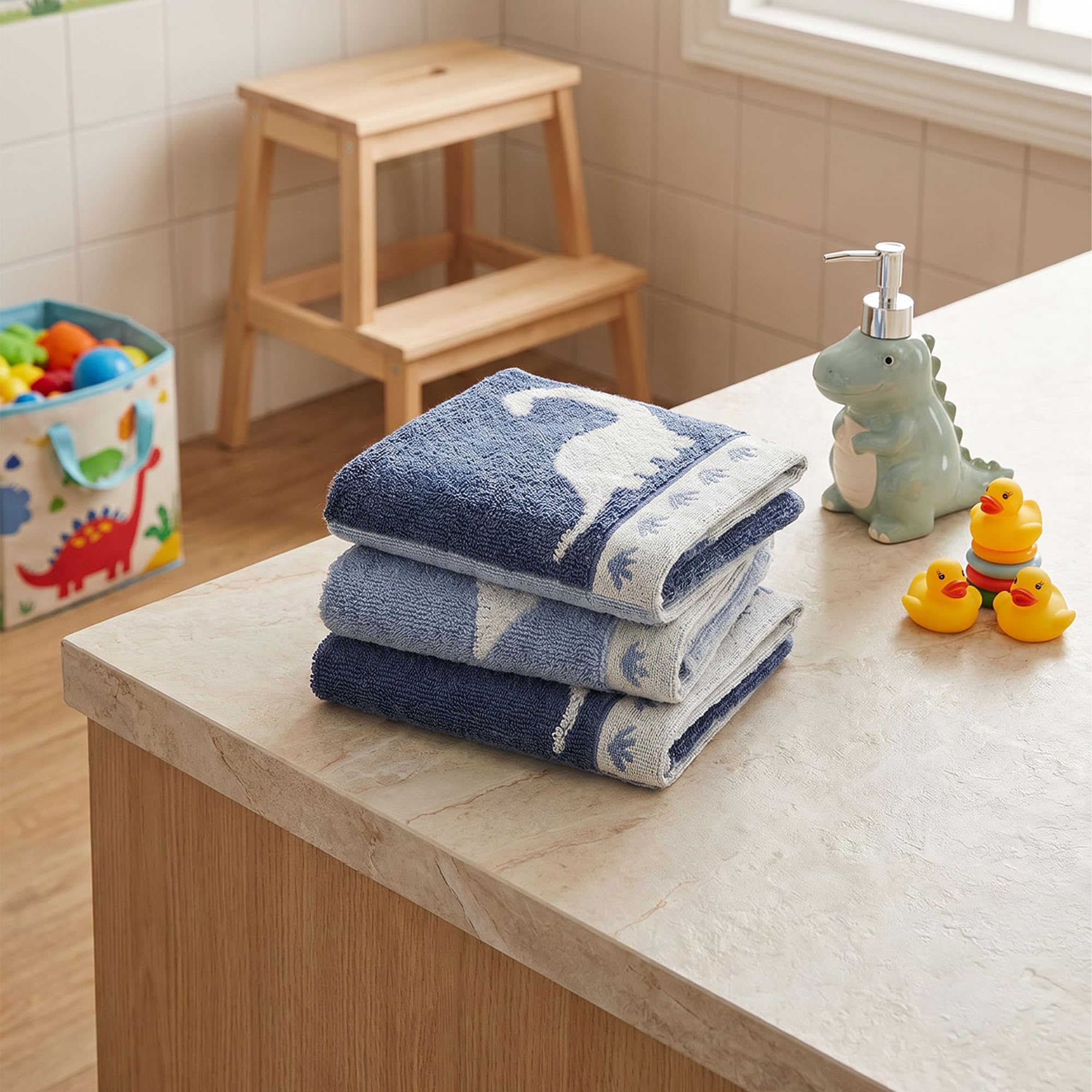 MYTRIDENT Kids Face Towel for Boys & Girls, Juniors Collection, 100% Cotton 3 Pc Face Towels (30 cm x 30 cm), 550 GSM, Dino-image-26