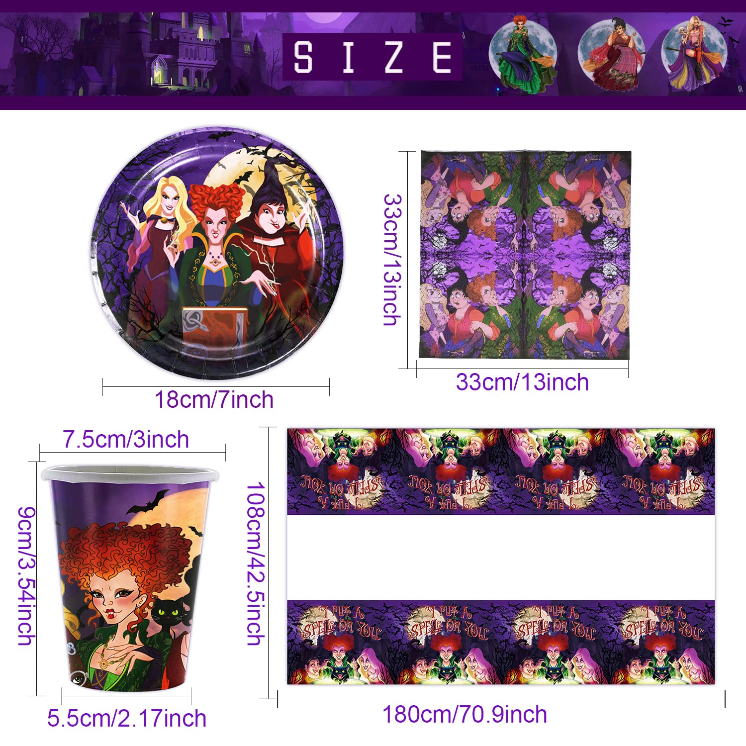 SHAMO Set Stoviglie Hocus Pocus Per Feste | 61 Pezzi Per 20 Ospiti | Piatti, Bicchieri E Tovaglioli A Tema Strega | Per Halloween E Compleanni
