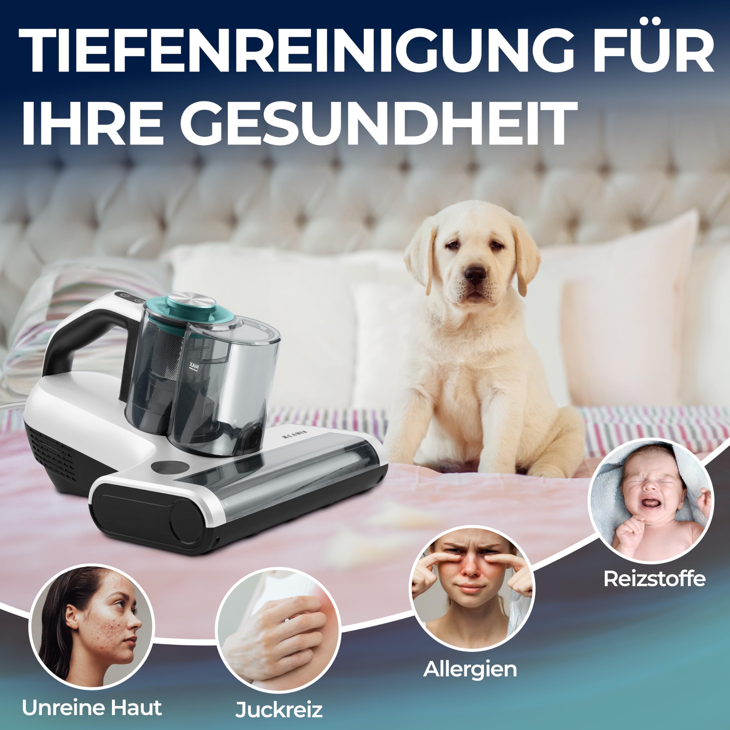 KLAMER Milbensauger 18kPa – Matratzensauger mit UV-Licht & 60°C Tiefenreinigung, Ultraschall & Schlagmodi, Anti-Verwicklungs-Bürste für Tierhaare, HEPA-Filter gegen Milben & Allergene