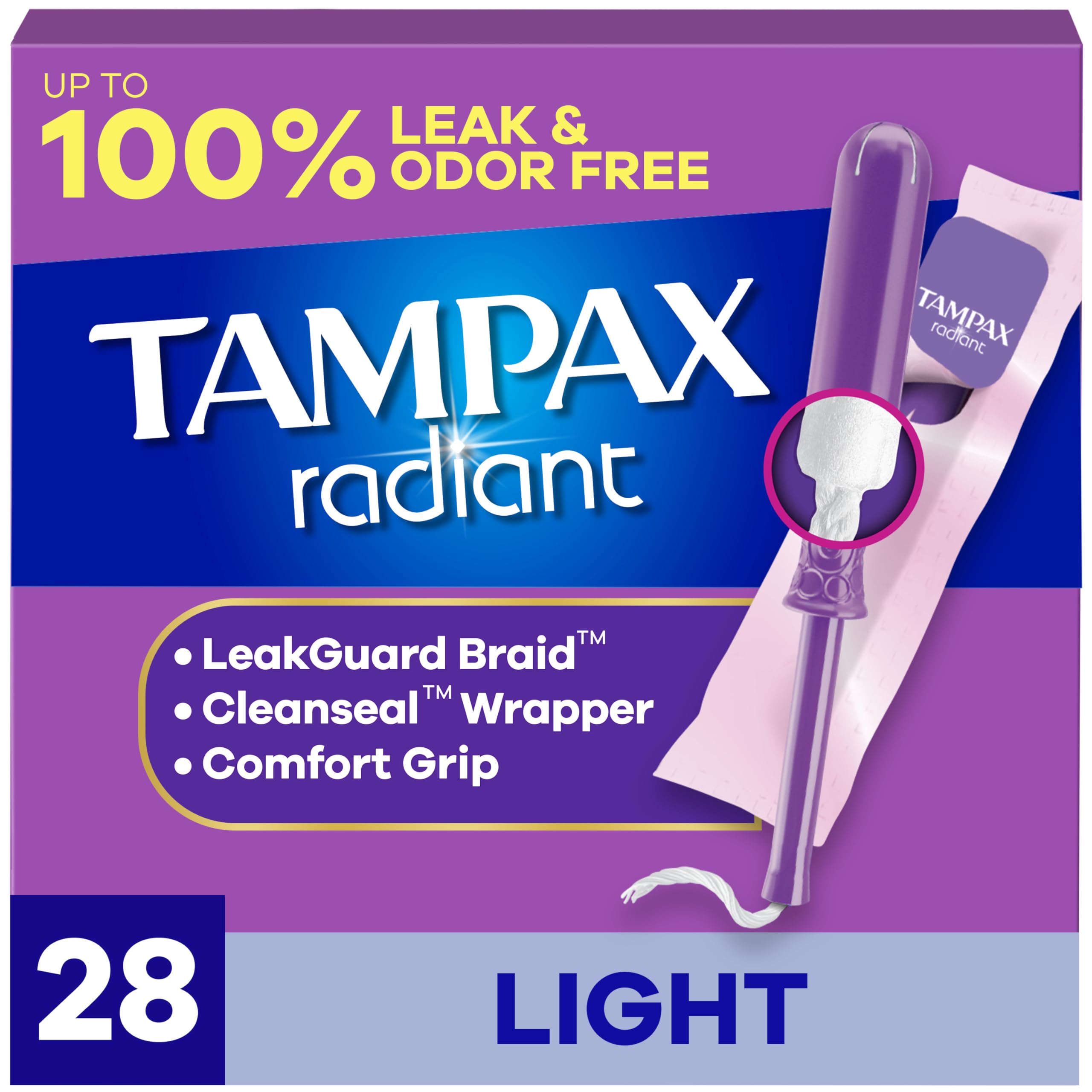 Tampax Radiant Tampons Light Absorbency with BPA-Free Plastic Applicator and LeakGuard Braid, Unscented, 28 Count