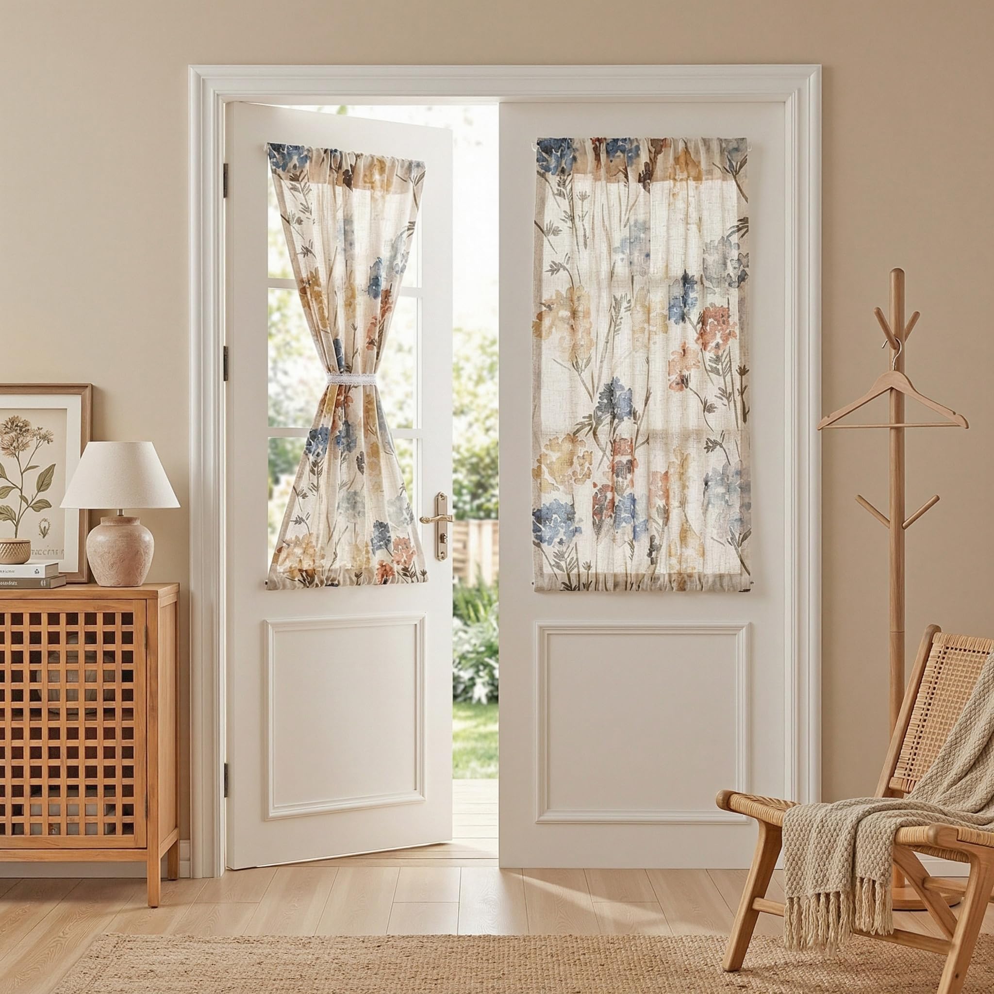 MYSKY HOME Floral Linen French Door Curtains 40 inch Long Set of 2 for Front Door - Light Filtering Privacy Semi Sheer Window Curtains with Rod Pocket, Yellow, 24" W Each Panel