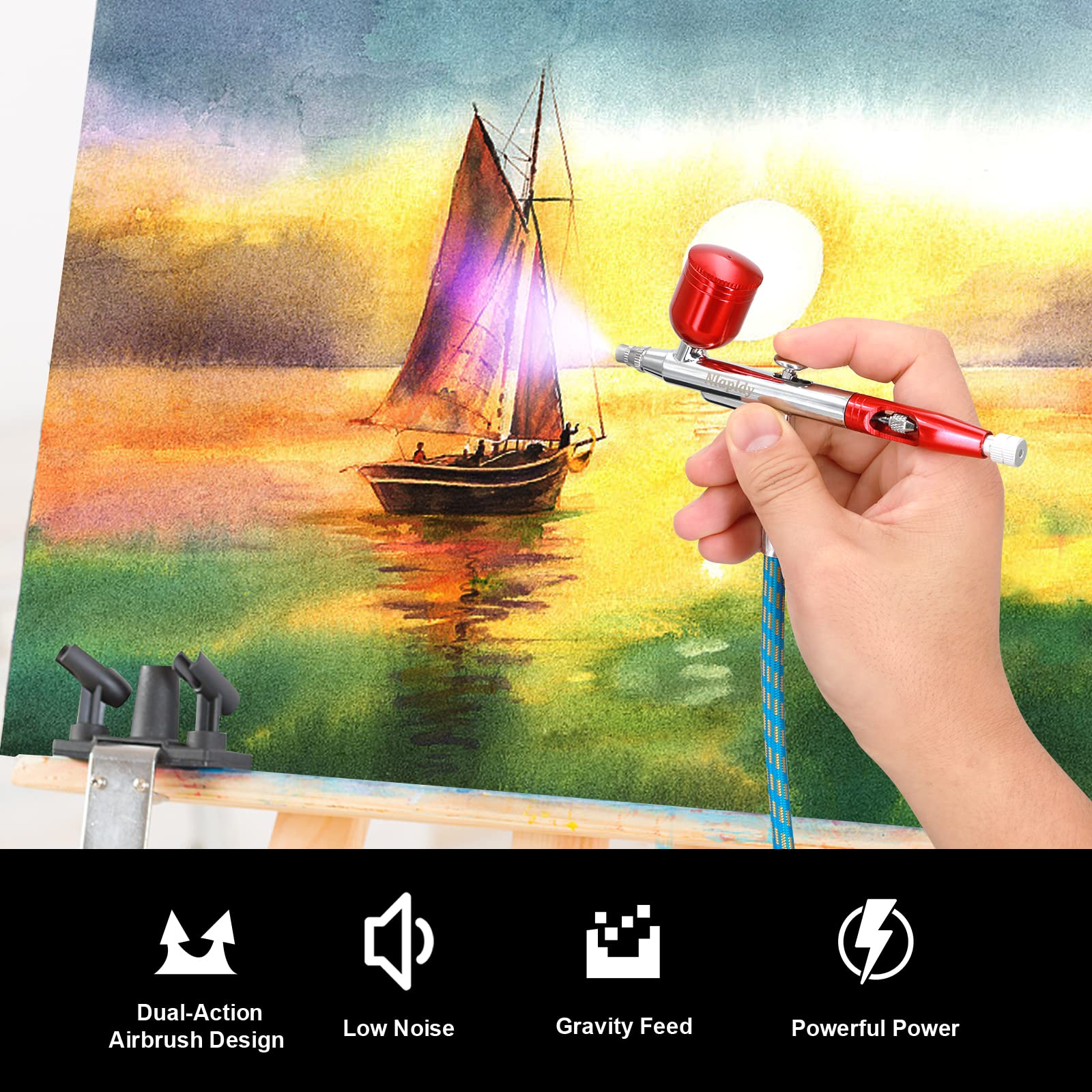 Airbrush Set – Airbrushpistole Kit mit 3 Präzisionsdüsen (0,2/0,3/0,5 mm), 3 Farbbehältern, Geflochtenem Luftschlauch & Reinigungsset, Ideal für Modellbau, Nailart & DIY