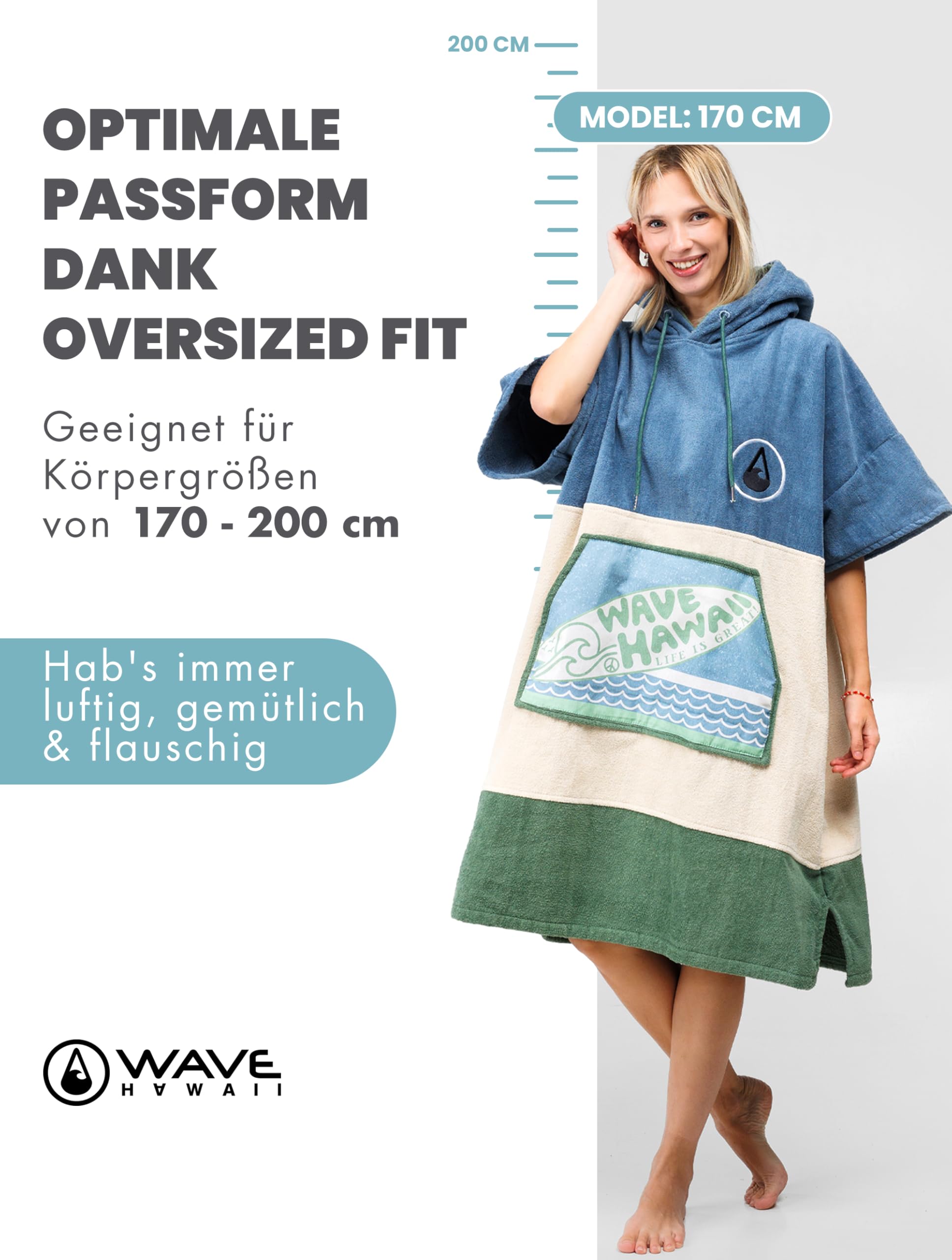 WAVE HAWAII Surfponcho L für Körpergrößen 171-193 cm Poncho 100% ÖKO Baumwolle Velours Umkleidehilfe für Schwimmen Strand Surfen Surf Poncho Badeponcho Duschponcho für Herren und Damen